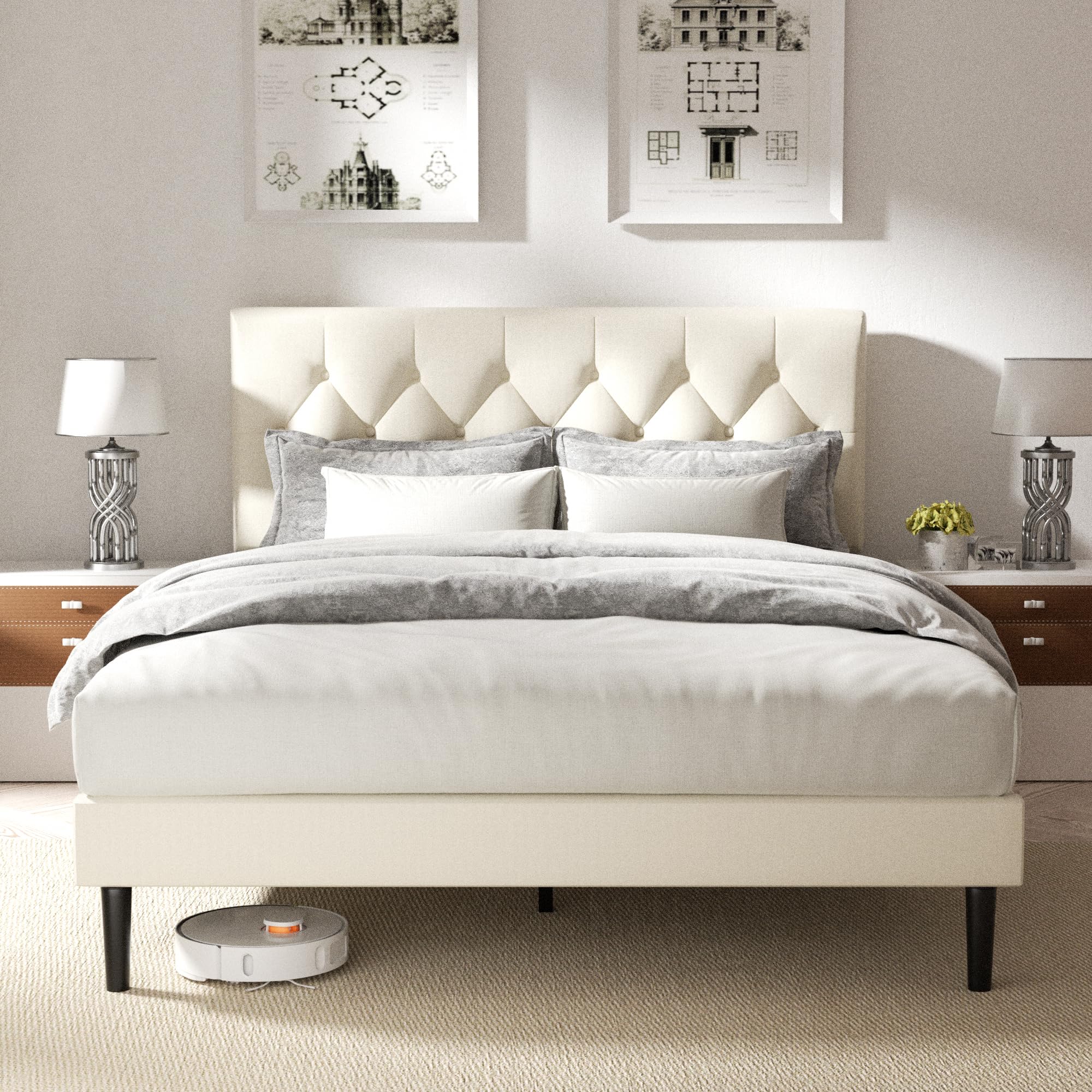 Full Size Platform Bed Frame With Velvet Upholstered Headboard, Button Tufted Design, No Box Spring Needed, Beige