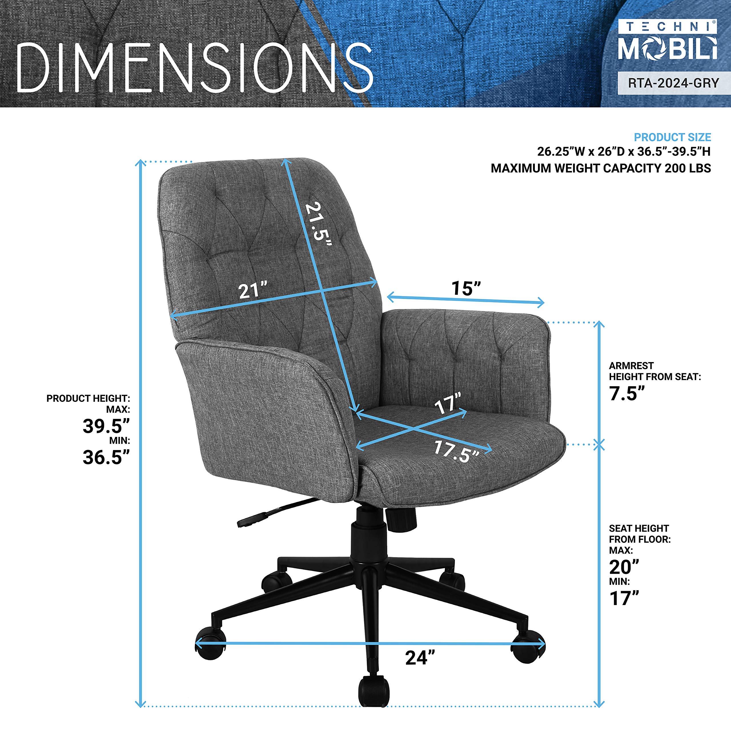 Techni Mobili Executive Modern Upholstered Tufted Office Chair - Thumbnail 4