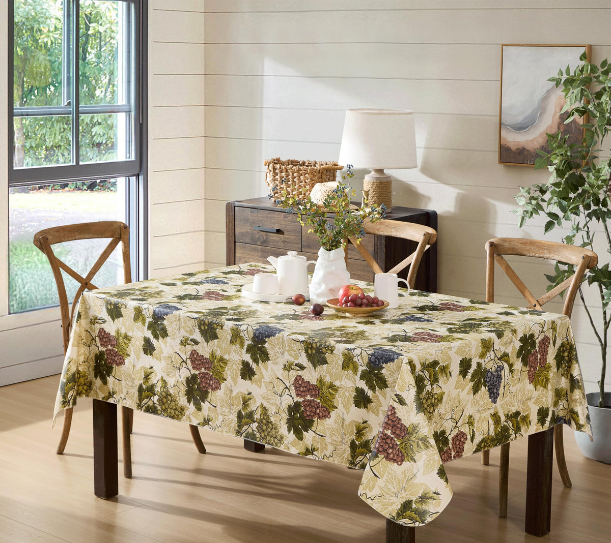 Newbridge 60 X 120 Inch Rectangle Vinyl Tablecloth With Flannel Backing, Grapevine Print, Grape Theme Indoor Outdoor Waterproof