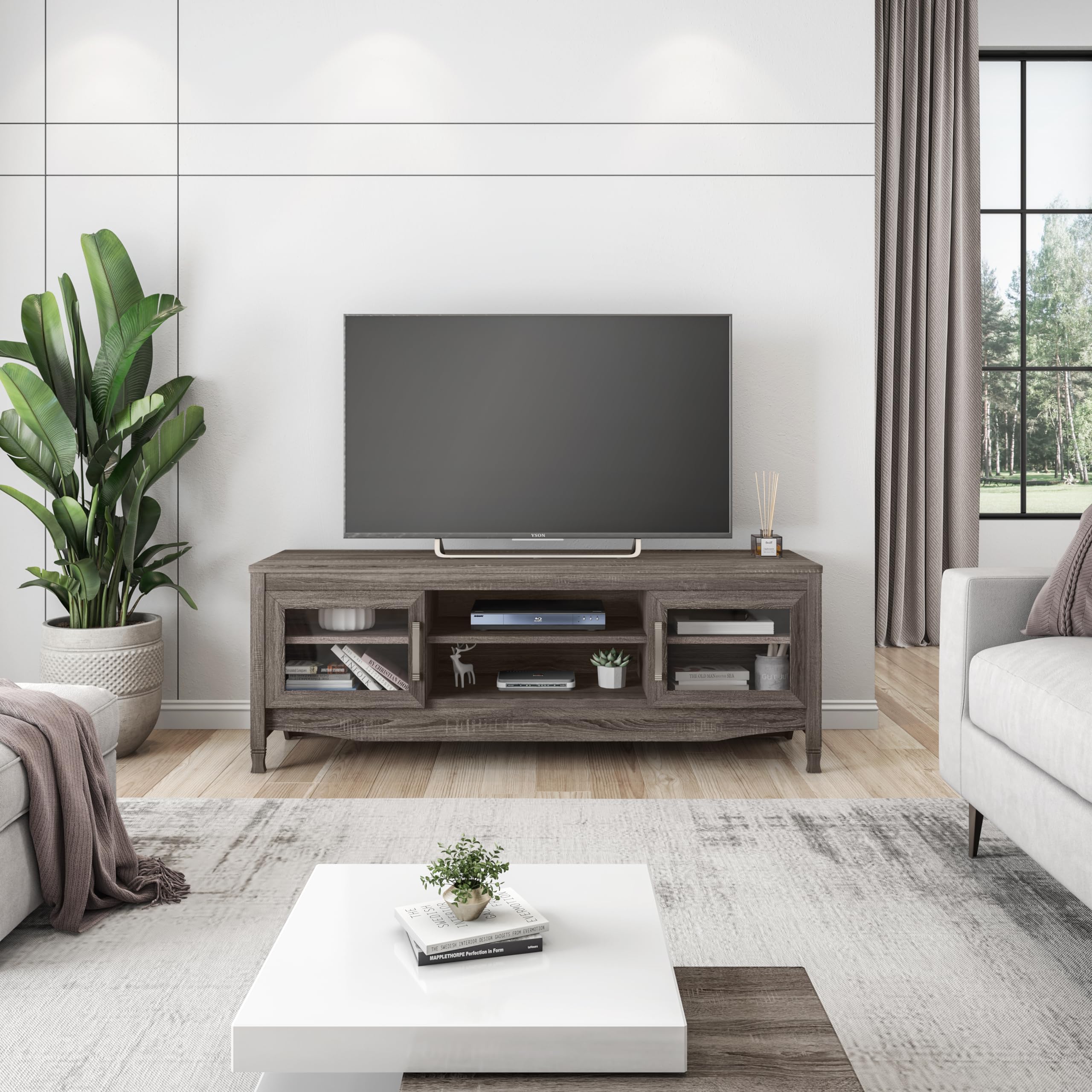 65” TV Stand with Storage & Glass Display Cabinets, Driftwood TV Stand for Living Room or Bedroom with Cable Management, Fits Screens up to 65 Inches When Measured Diagonally, Grey