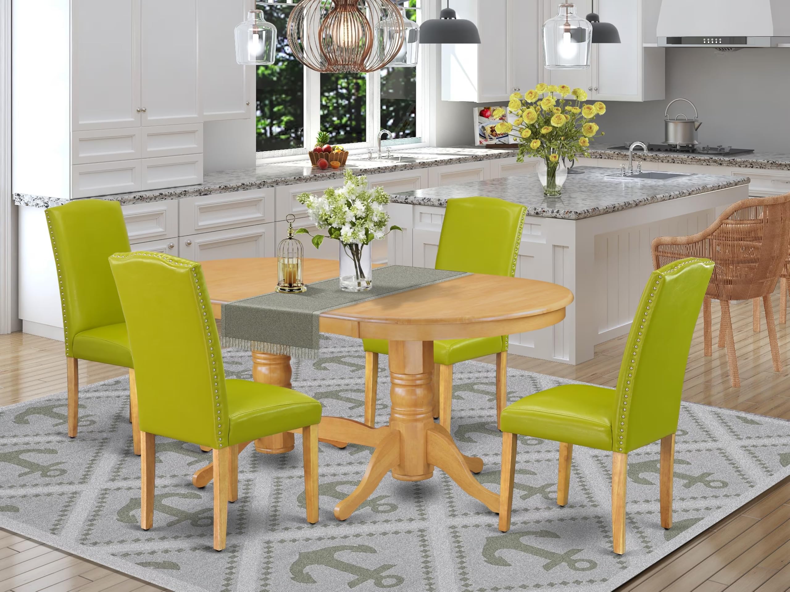 East West Furniture Vaen5-Oak-51 5 Piece Dining Room Set Includes An Oval Wooden Table With Butterfly Leaf And 4 Autumn Green Faux Leather Parson Dining Chairs, 40X76 Inch, Oak