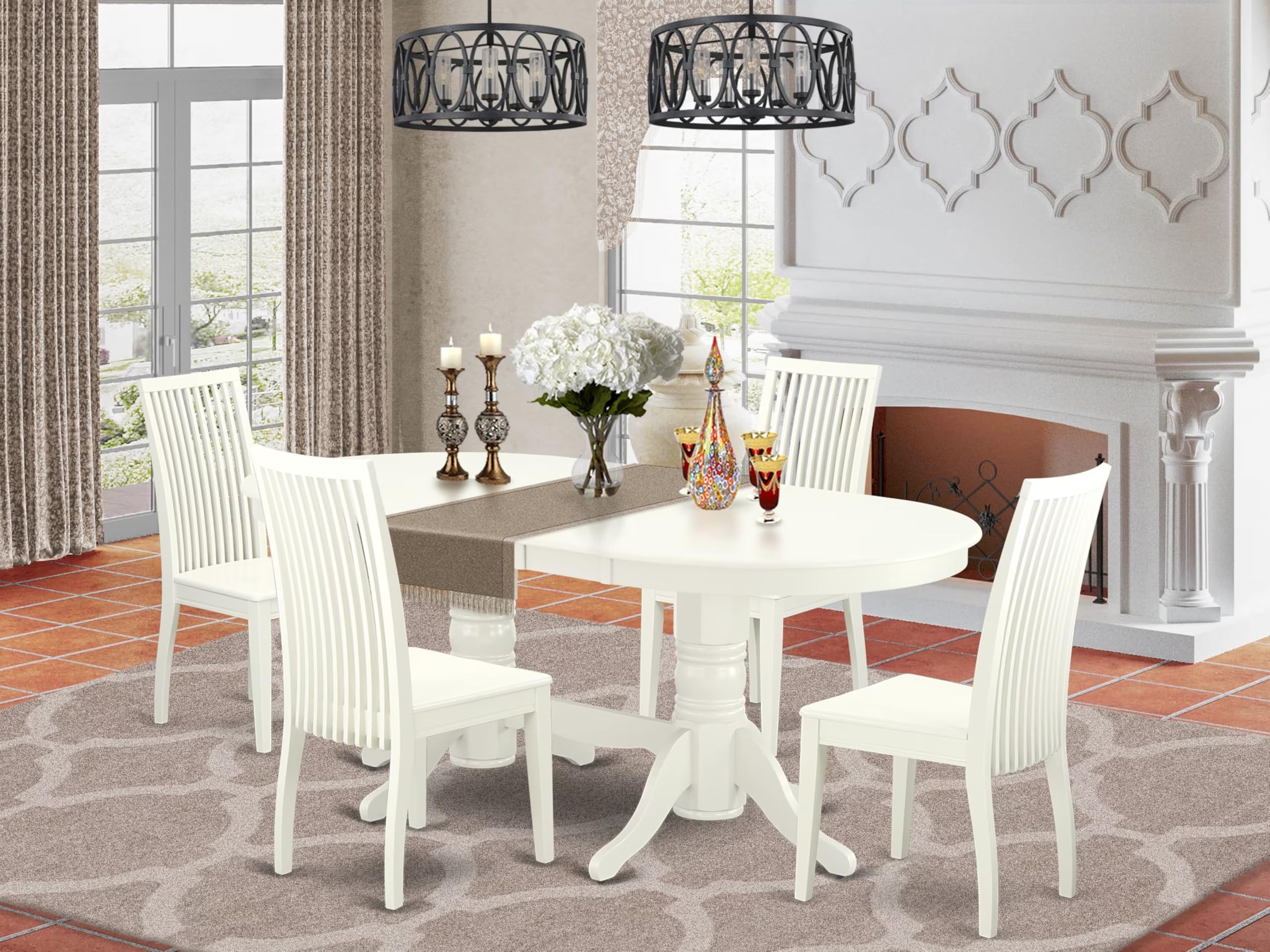 East West Furniture Vaip5-Lwh-W 5 Piece Dinette Set For 4 Includes An Oval Dining Room Table With Butterfly Leaf And 4 Dining Chairs, 40X76 Inch, Linen White
