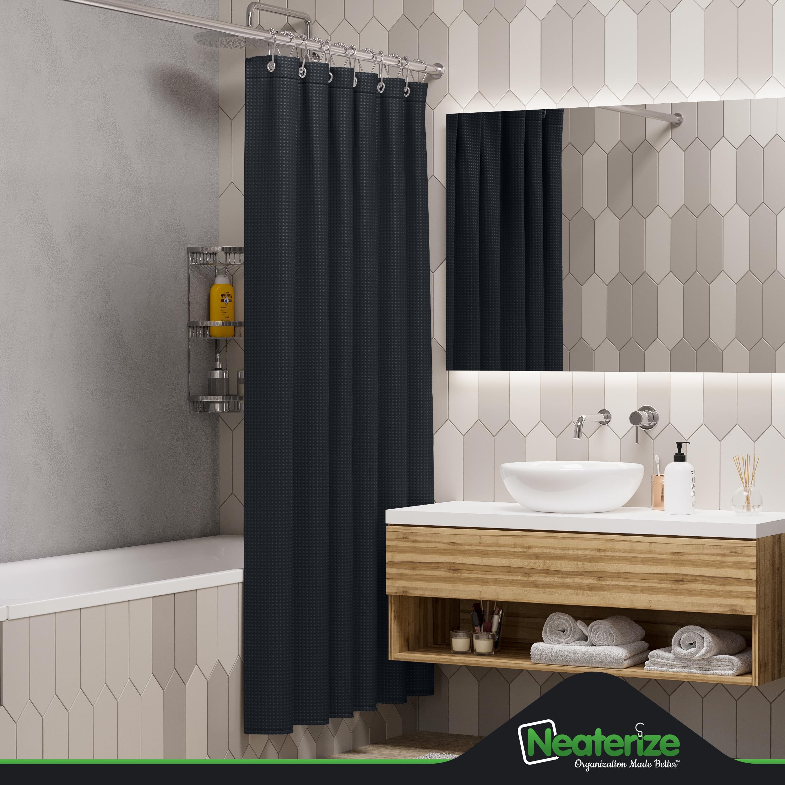 Neaterize Shower Curtain Black - Hotel Style Black Shower Curtains For Bathroom With Waffle Design, 72X72 Inches - Fabric Shower