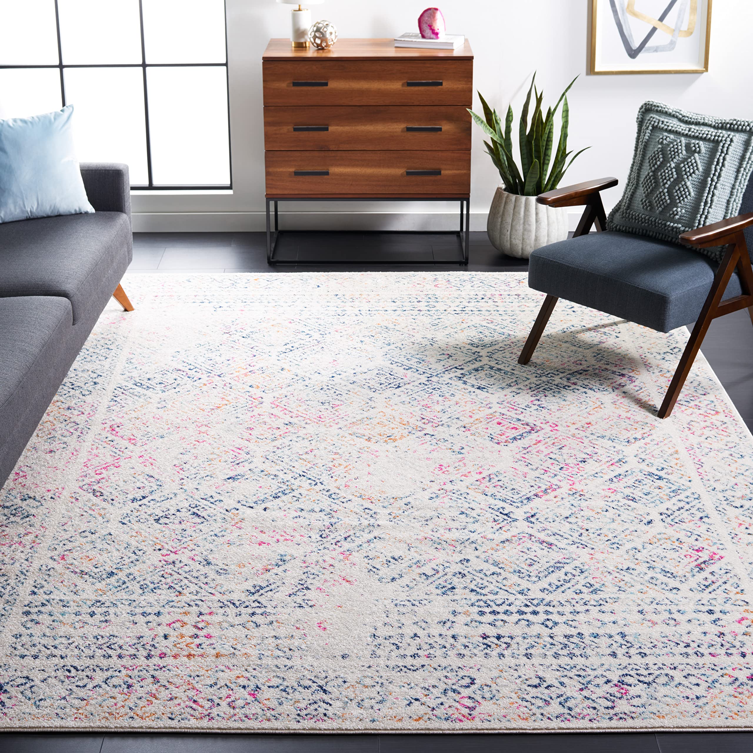 SAFAVIEH Tulum Collection Area Rug - 9 x 12, Ivory & Dark Blue, Moroccan Boho Distressed Design, Non-Shedding & Easy Care, Ide