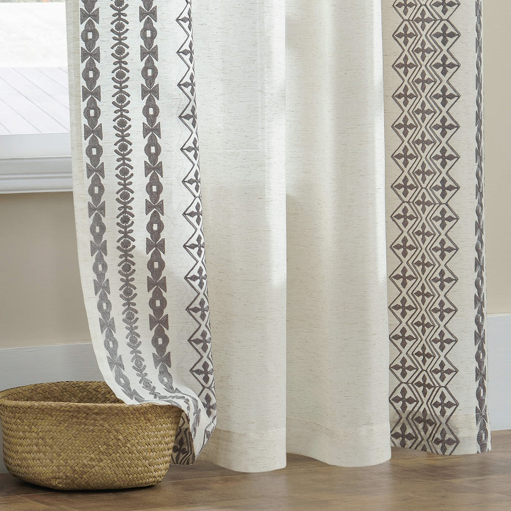 Seekright Grey Boho Curtains 72 Inch Length For Living Room Grommet Semi Sheer Linen Curtains Striped Embroidered Window Curtain