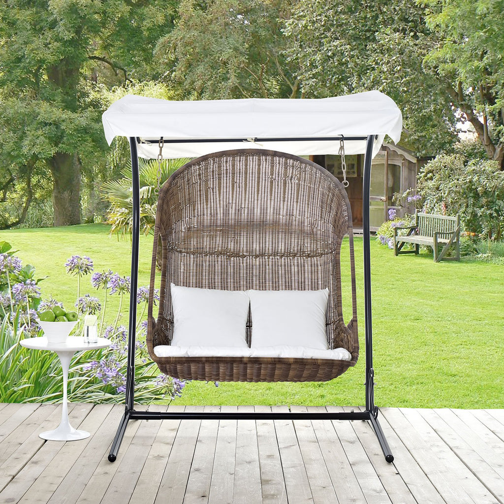 Modway Vantage Wicker Rattan Outdoor Patio Swing Chair with Canopy in Brown White