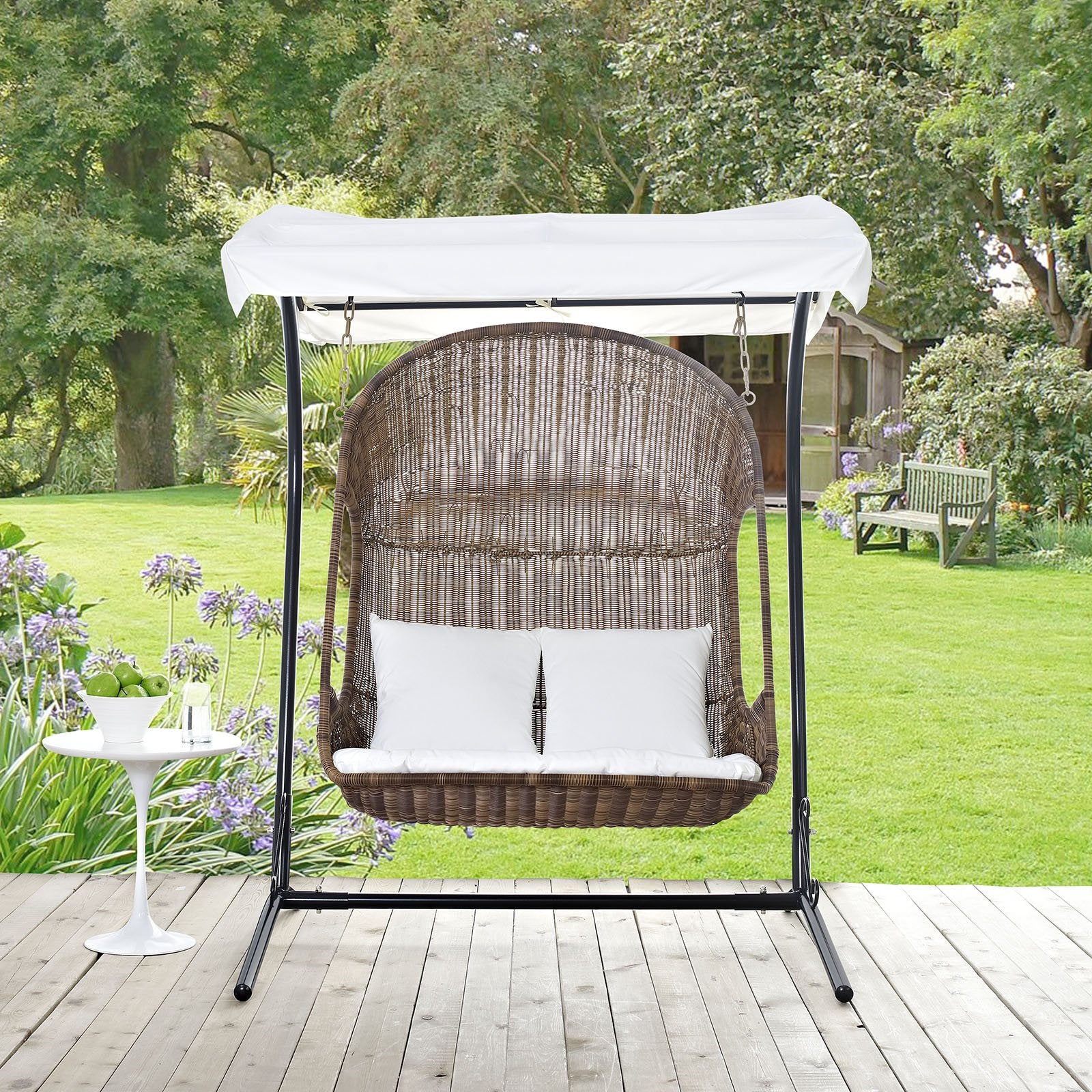 Modway Vantage Wicker Rattan Outdoor Patio Swing Chair with Canopy in Brown White
