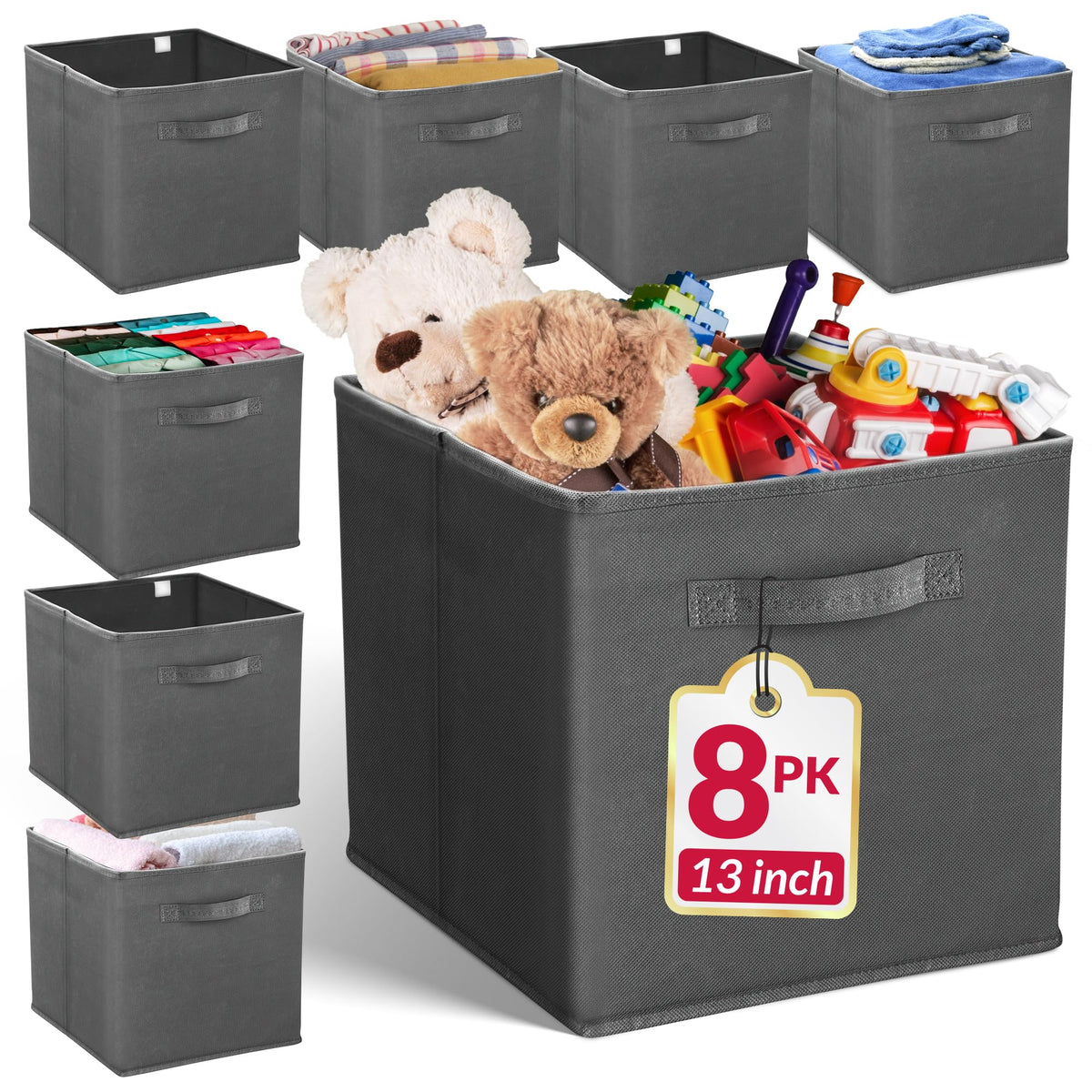 Reli. 13x13x13 Storage Cube Bins (8 Pack) Dark Gray, Fabric Organizer Cubes