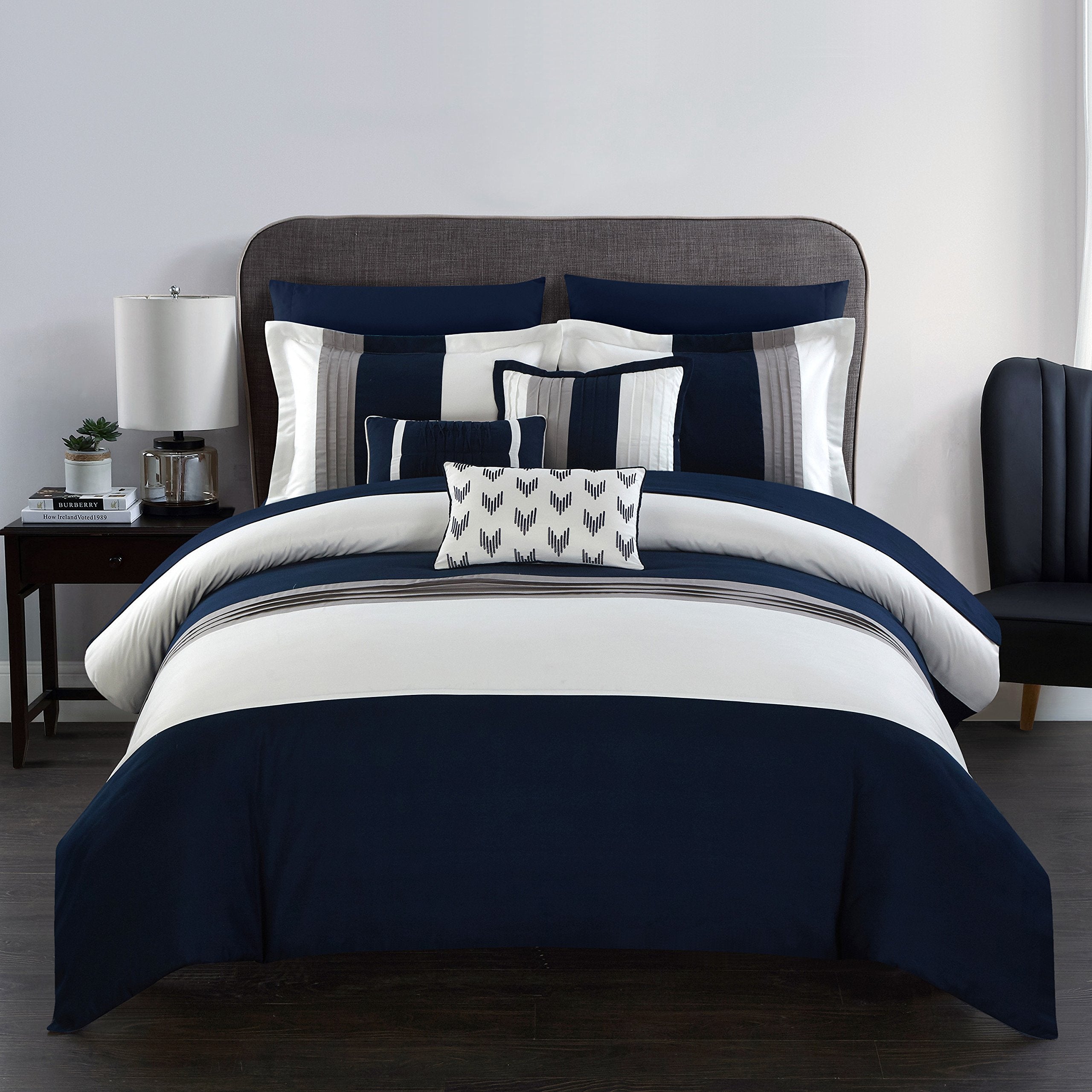 Chic Home Navy Bed In A Bag Comforter Set, Queen Size (10 Pieces), Ayelet - Color Blocked Stripes Premium Microfiber Bedding - C