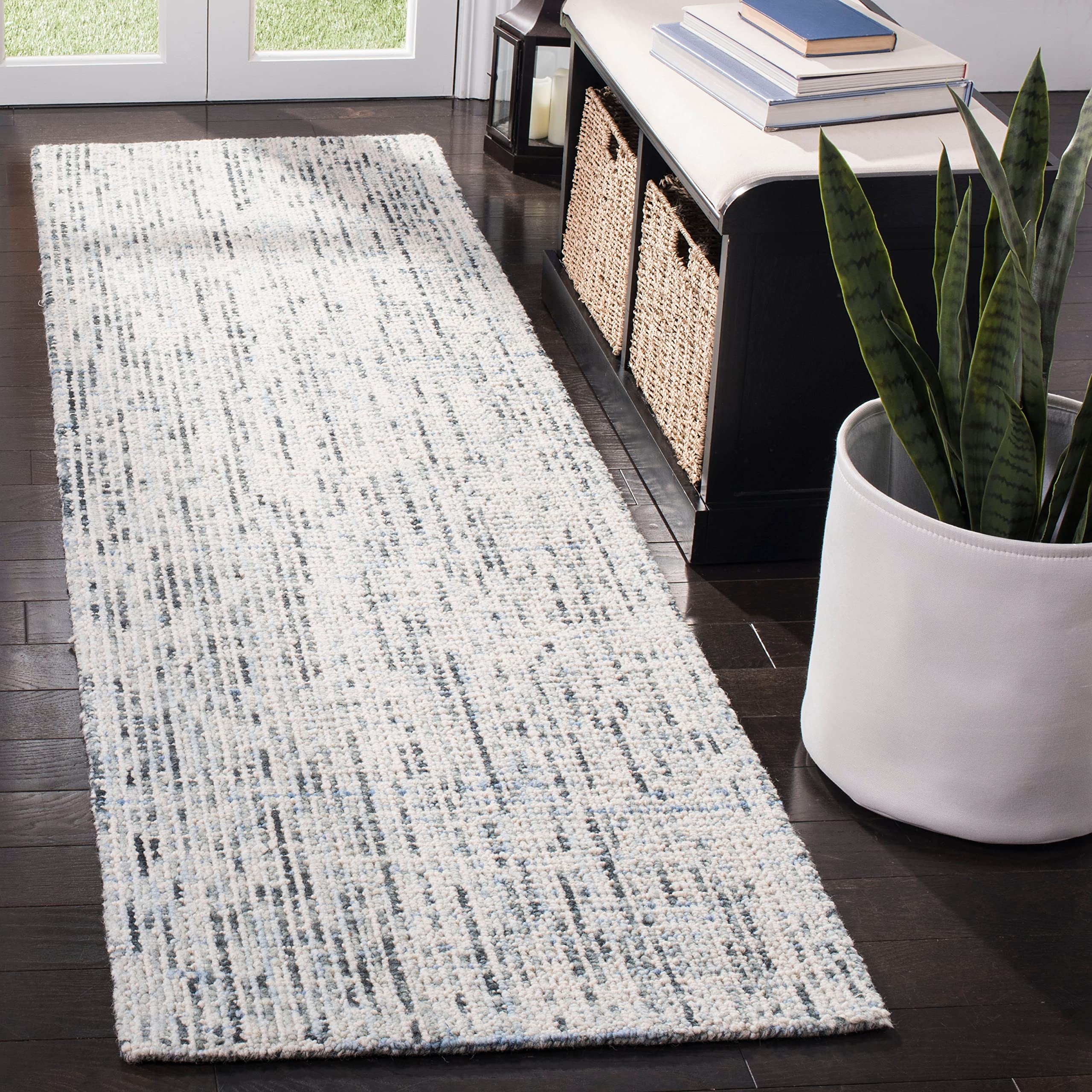 SAFAVIEH Abstract Collection Runner Rug - 23 x 6, Blue & Charcoal, Handmade Wool, Ideal for High Traffic Areas in Living Room,