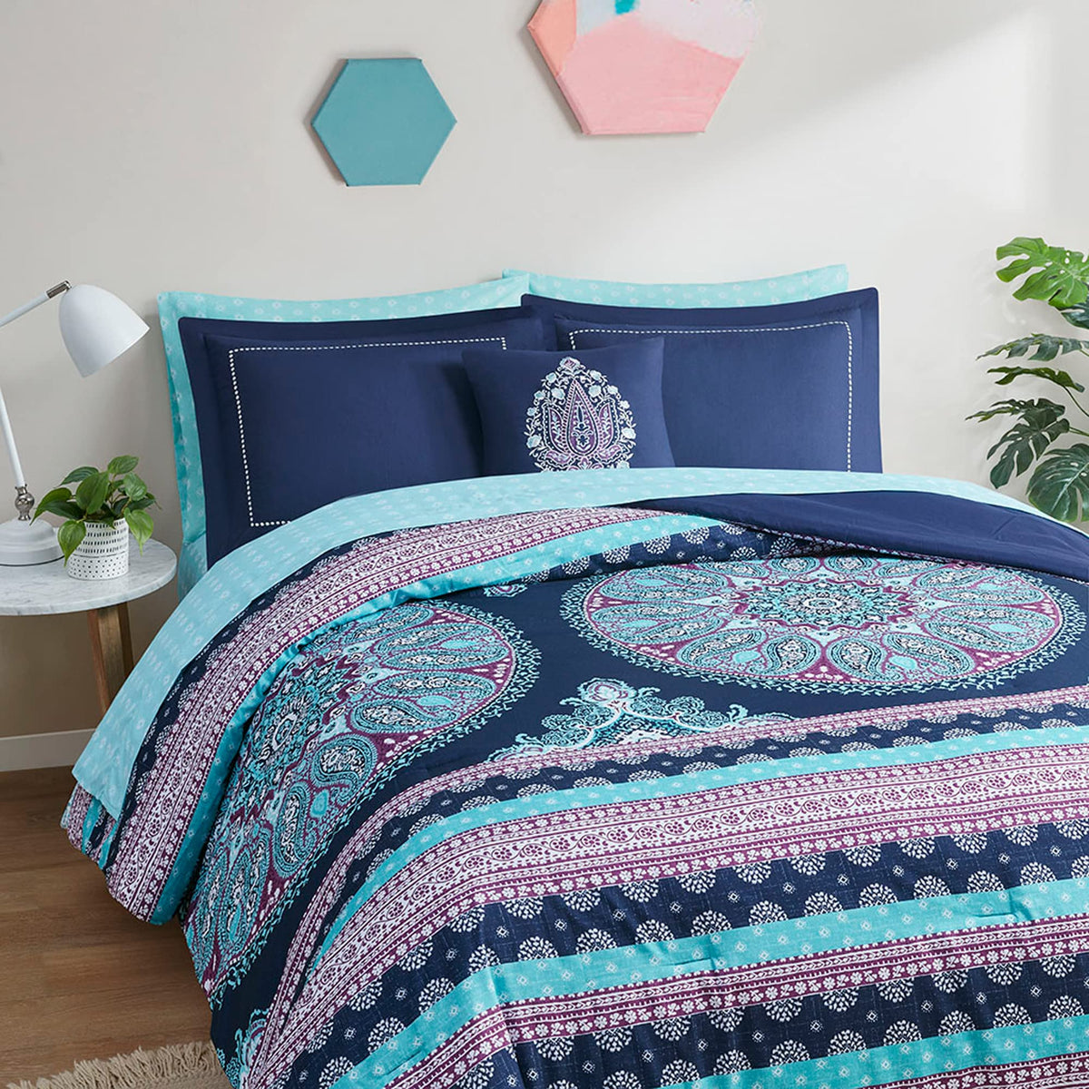 Degrees Of Comfort Blue Twin Complete Comforter Sets, Boho Medallion Bed In A Bag, Microfiber Bedding Set With Side Pockets, Mat