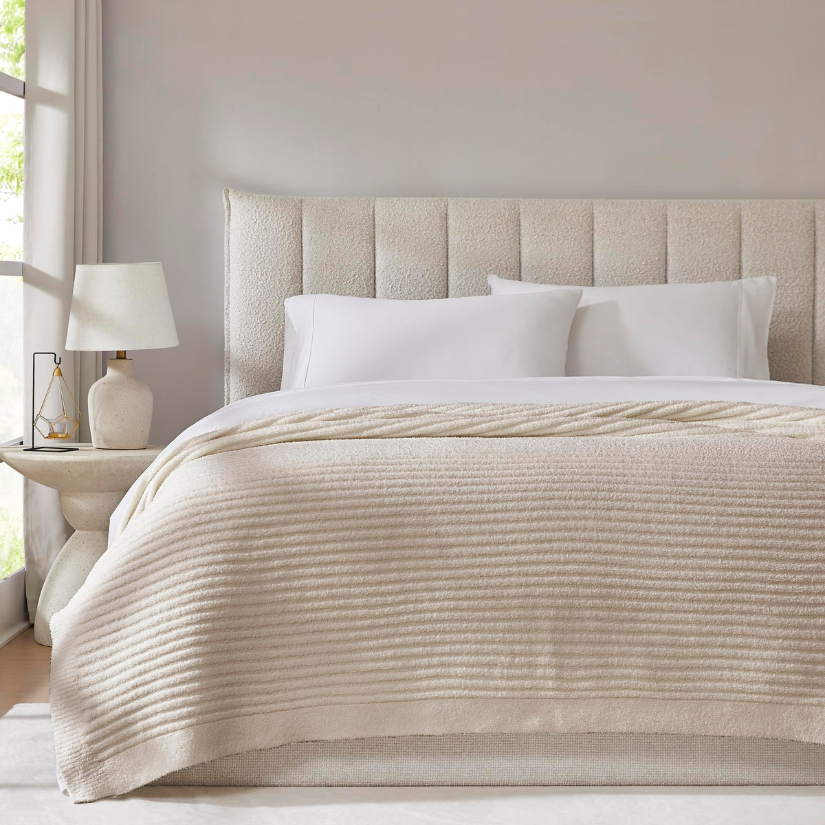 R.Share Beige Ribbed Throw Blanket 50X70 Inch Reversible, Feather Knit Tan Cream Taupe Microfiber Soft Comfy Cozy Lightweight Fl