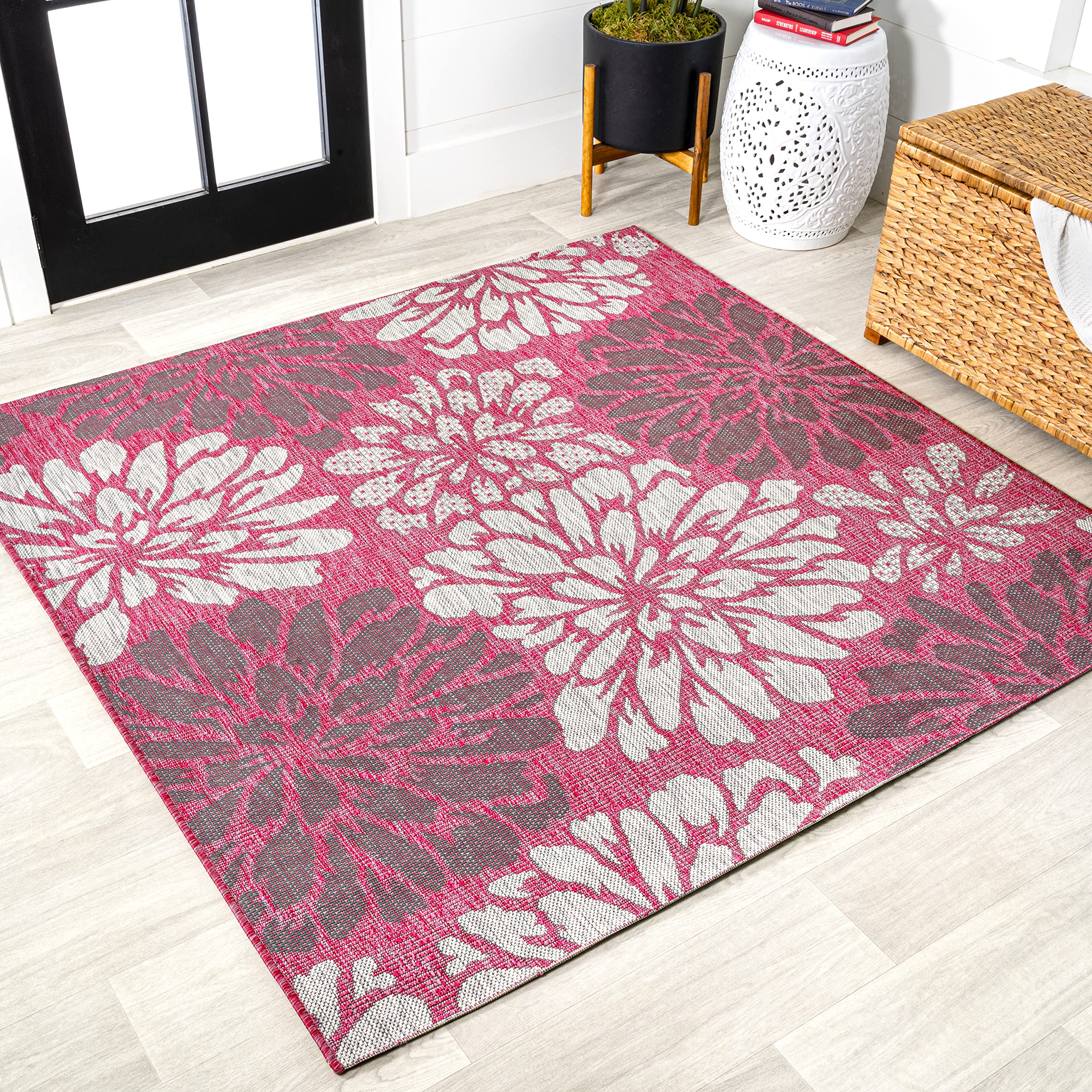 Jonathan Y Smb110F-5Sq Zinnia Modern Floral Textured Weave Indoor Outdoor Area Rug, Bohemian Coastal Mediterranean Easy Cleaning