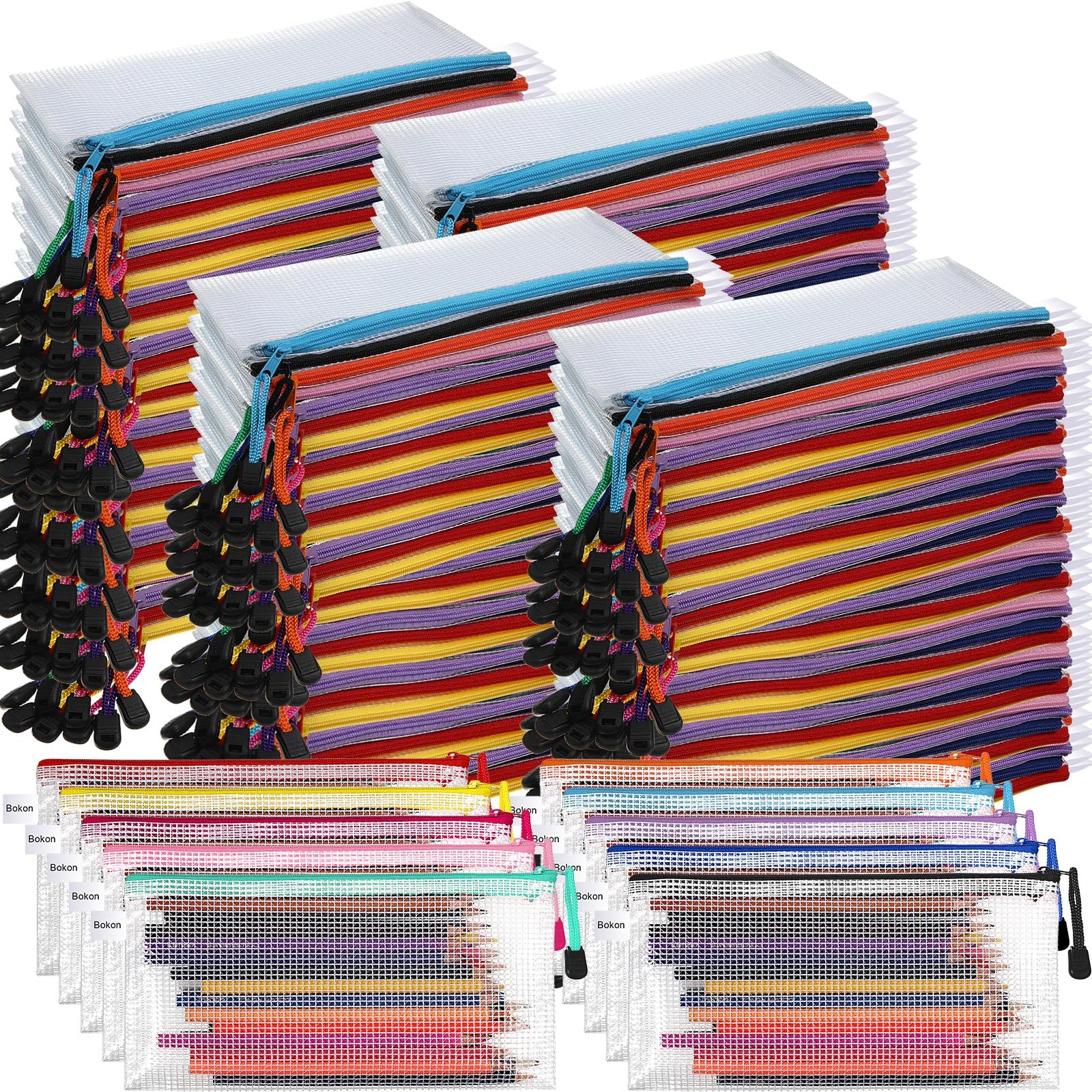 Bokon 200 Pcs 9.45 X 4.5' Mesh Zipper Pouch Bulk 10 Colors Pencil Pouch Bulk Waterproof Clear File Bags Plastic Pencil Bags For