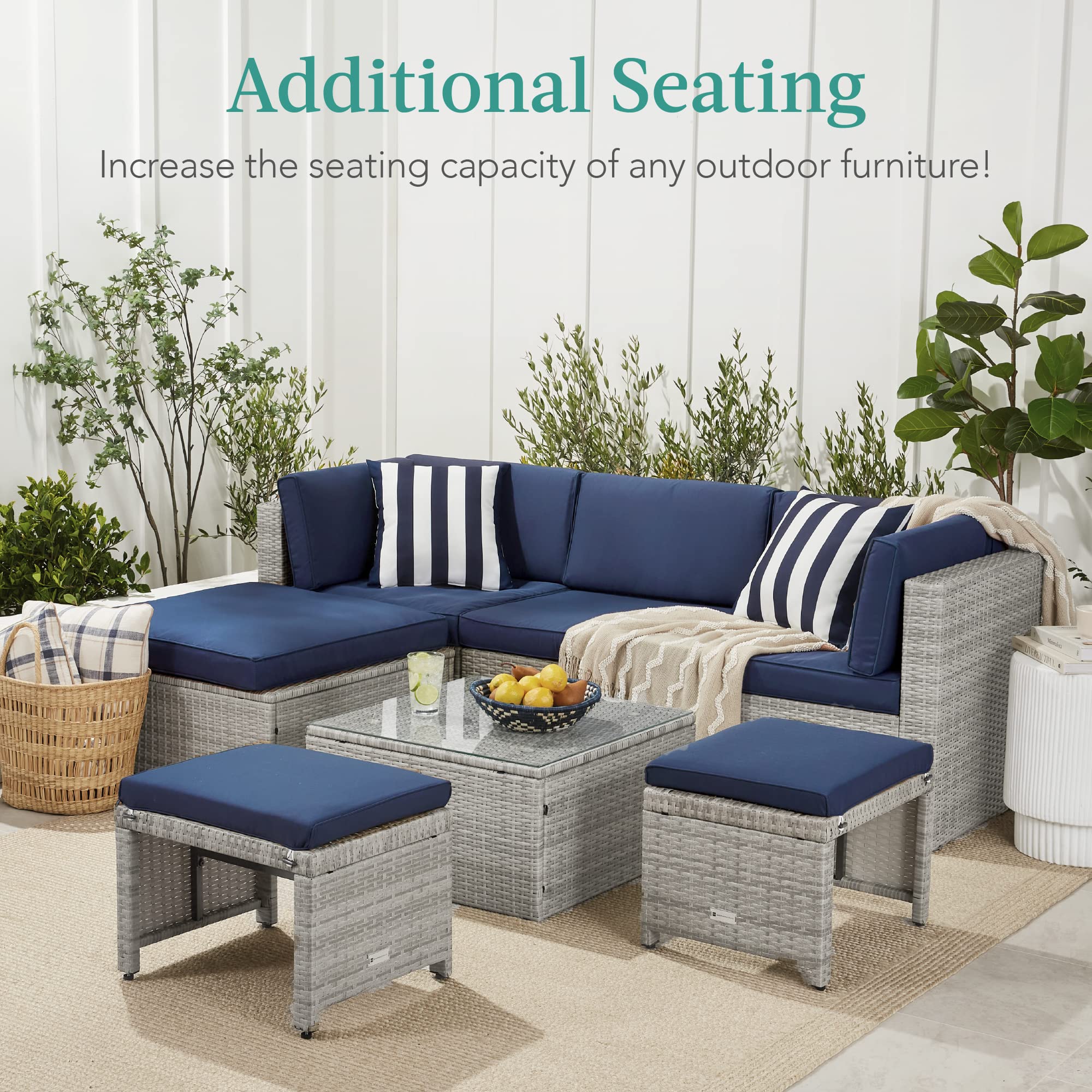 Best Choice Products Set Of 2 Wicker Ottomans, Multipurpose Outdoor Furniture For Patio, Backyard, Additional Seating, Footrest, Side Table W/Removable Cushions, Steel Frame - Gray/Navy