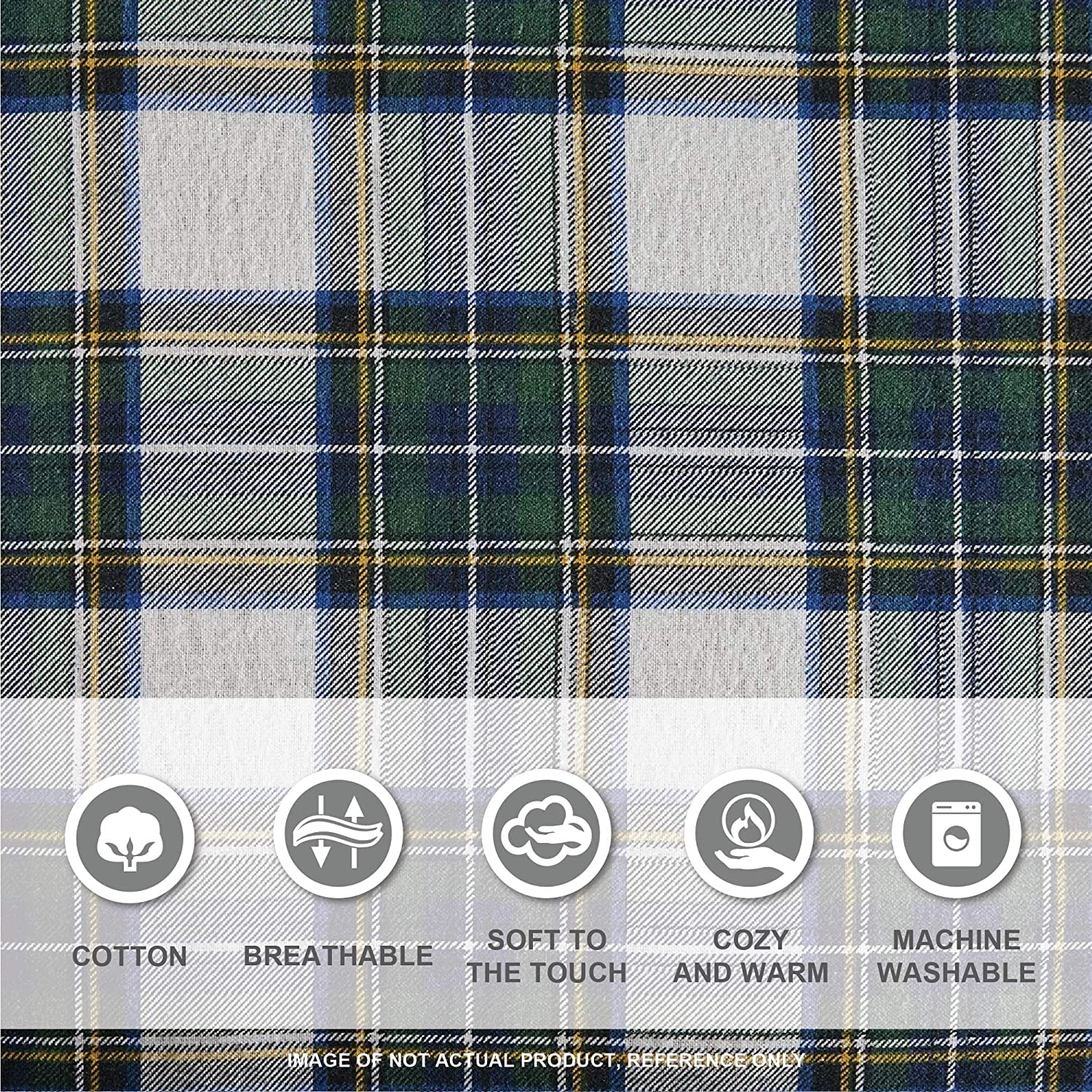 Comfort Spaces Cotton Flannel Breathable Warm Deep Pocket Sheets With Pillow Case Bedding, Cal King, Scottish Plaid Green, 4 Pie