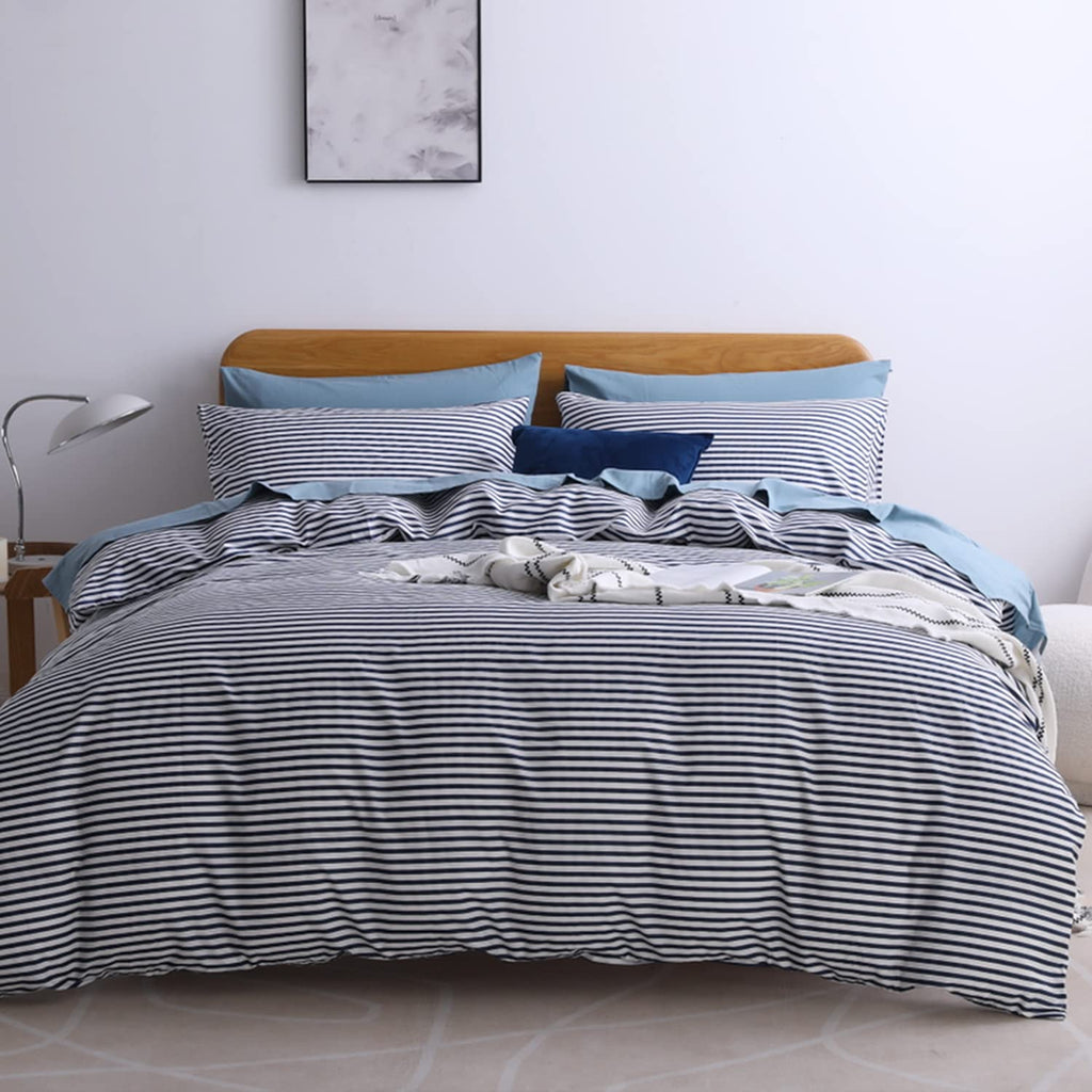 Jellymoni 100% Natural Cotton 3Pcs Striped Duvet Cover Sets,White Duvet Cover With Navy Blue Stripes Pattern Printed Comforter C