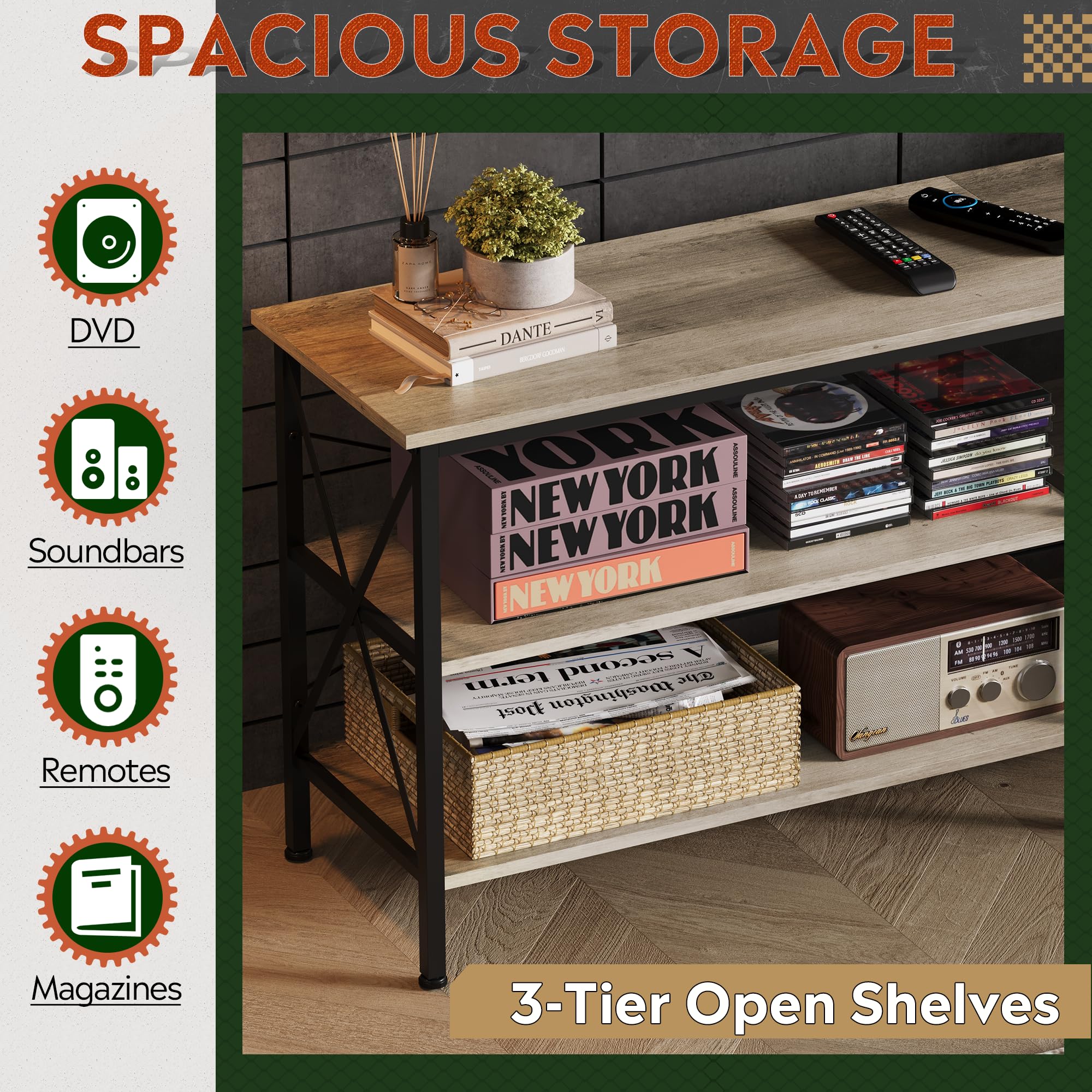 Wlive Tv Stand Up To 70 Inch Tv, 63' Entertainment Center, Tv Media Console With 3-Tier Storage Shelves For Living Room And Bedroom, Greige