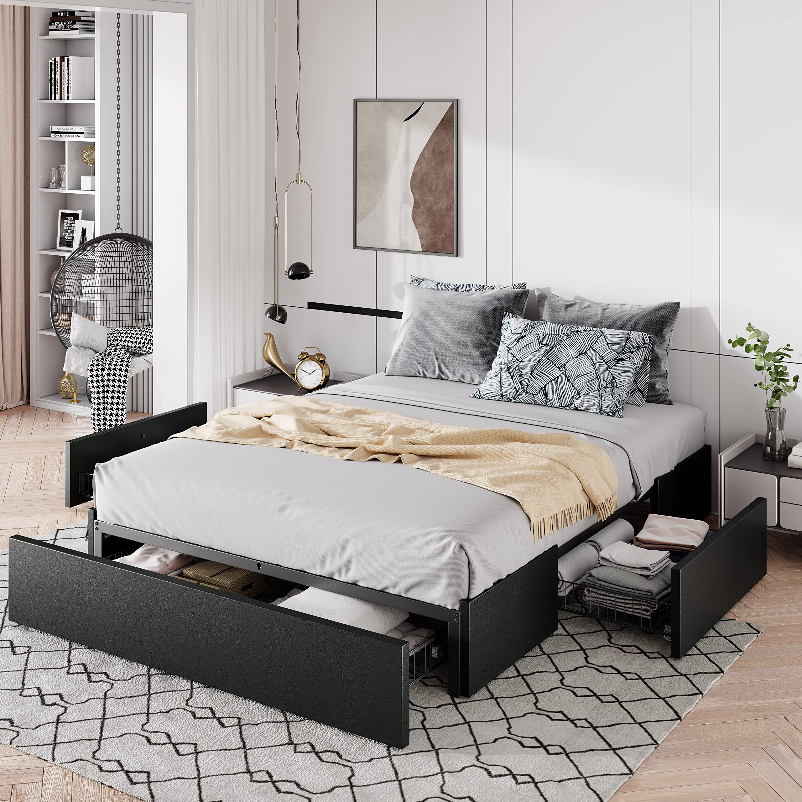 Allewie Queen Size Platform Bed Frame With 3 Storage Drawers, Faux Leather Upholstered, Wooden Slats Support, No Box Spring Needed, Easy Assembly, Black