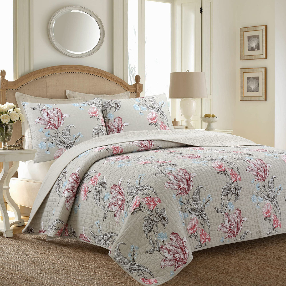 Cozy Line Home Fashions Taupe Khaki Floral Blooming 100% Cotton Reversible Quilt Bedding Set, Coverlet, Bedspread (Taupe Bloomin