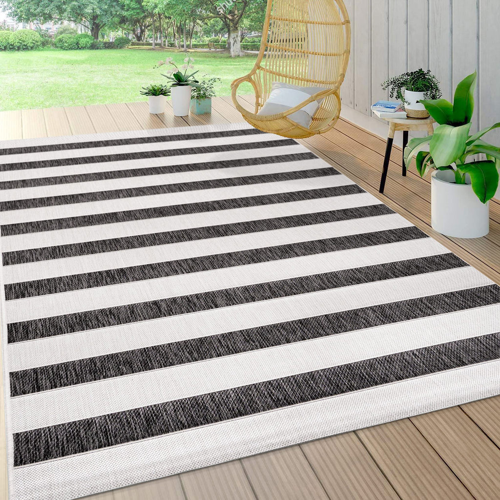Jonathan Y Smb112B-4 Aveiro Wide Stripe Indoor Outdoor Area Rug, Bohemian, Coastal, Mediterranean Easy Cleaning,Bedroom,Kitchen,Backyard,Patio,Non Shedding, Black/Cream, 4 X 6