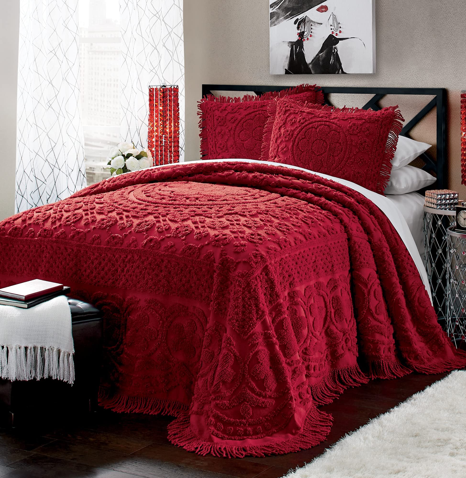Montgomery Ward Emily Floral Chenille Bedspread, Soft Cotton Comforter, California King Size Quilt In Red - Luxury Hotel Bedding