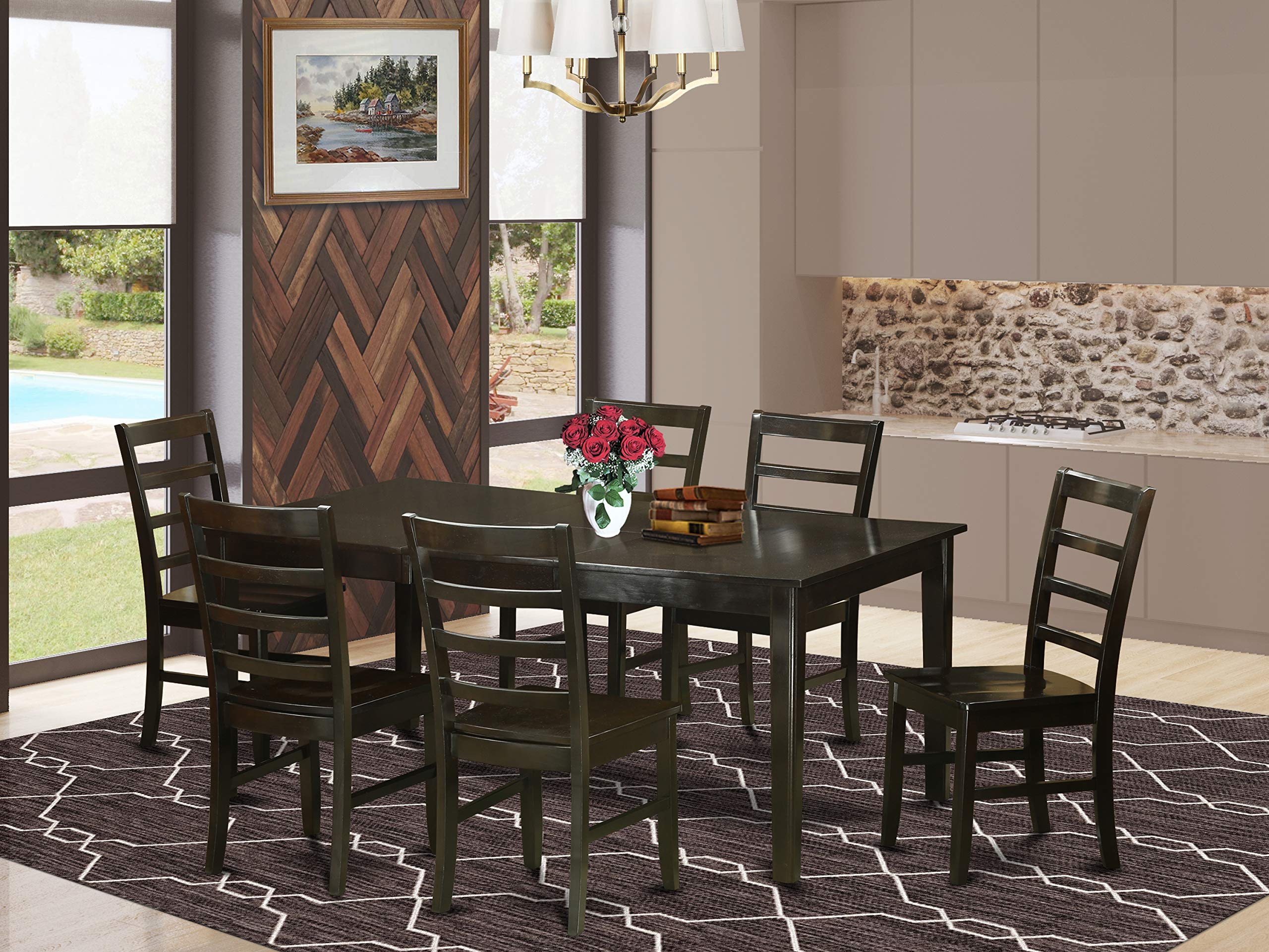 East West Furniture HEPF7-CAP-W 7 Piece Dining Room Furniture Set Consist of a Rectangle Dining Table with Pedestal and 6 Wood Seat Chairs, 42x72 Inch, Cappuccino