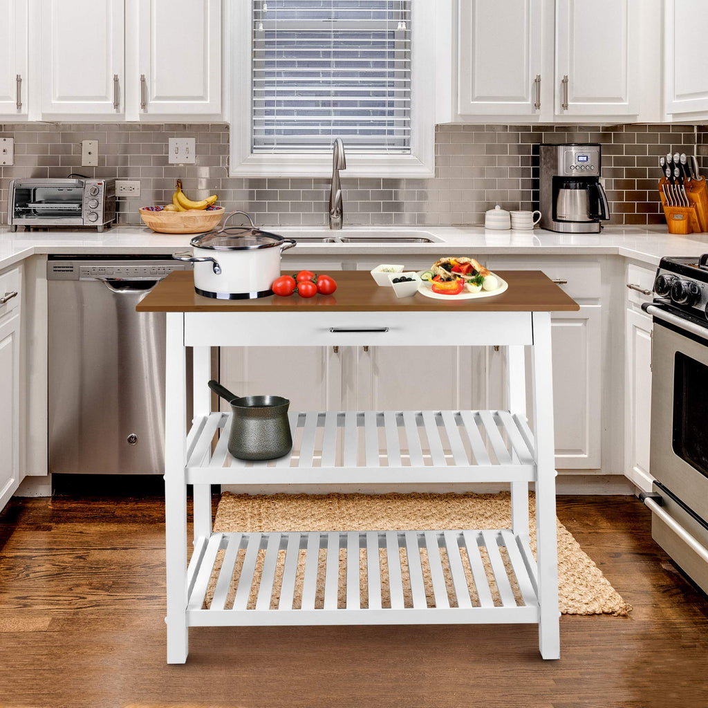 Casual Home Kitchen Island with Solid American, Two-Tone(White Base, Natural Cherry Top)