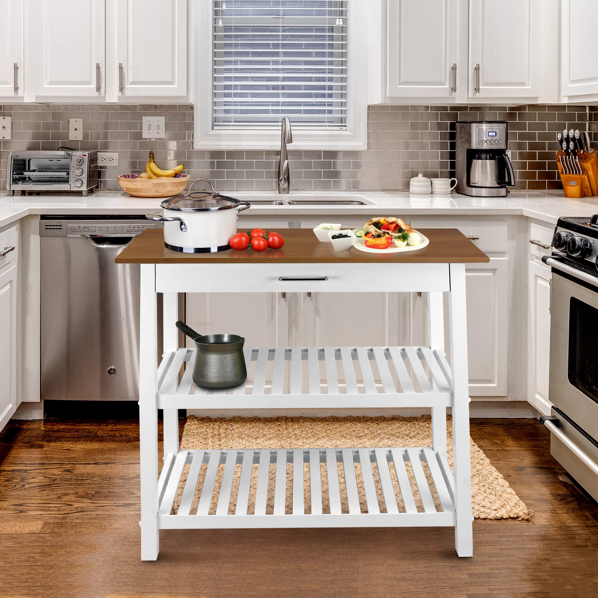 Casual Home Kitchen Island With Solid American Top, White & Cherry Natural