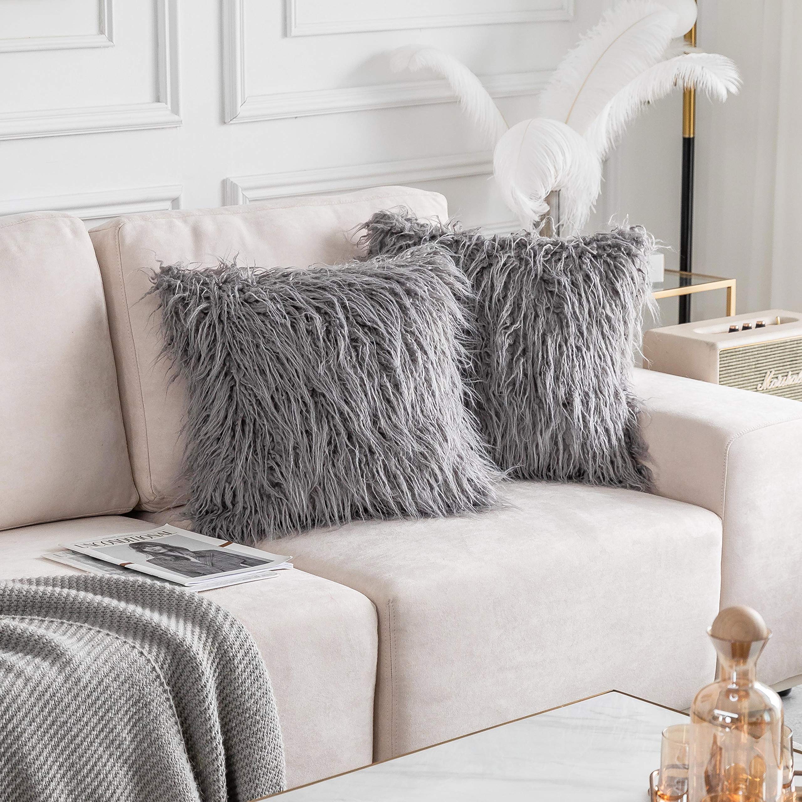 Home Brilliant Furry Pillows Decorative Throw Pillows Set Of 2 Throw Pillow Case Mongolian Faux Fur Cushion Cover 20X20 Inches,