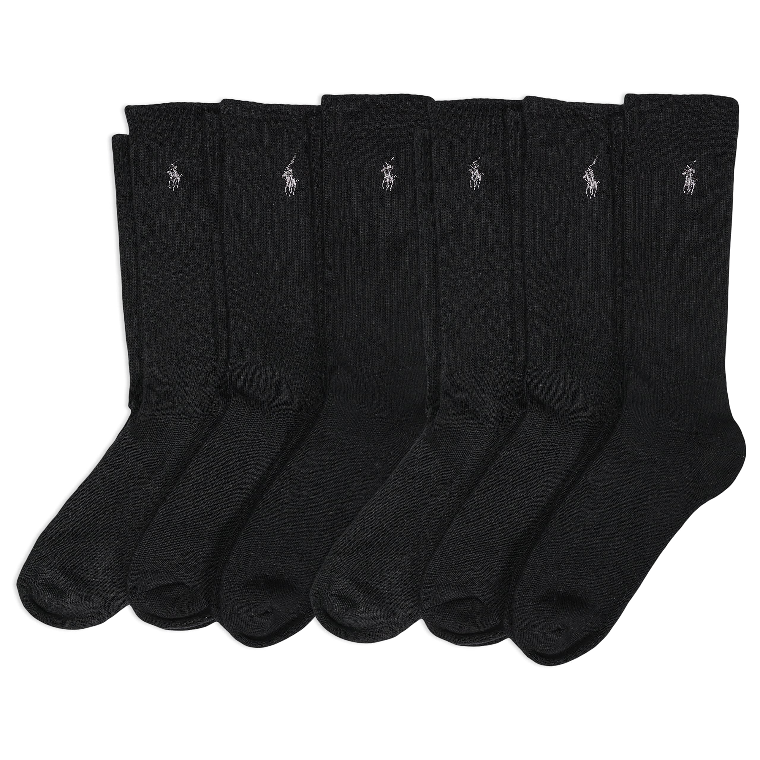 Polo Ralph Lauren Mens Classic Sport Solid Socks 6 Pair Pack - Cushioned Cotton Comfort, Black, 6-125