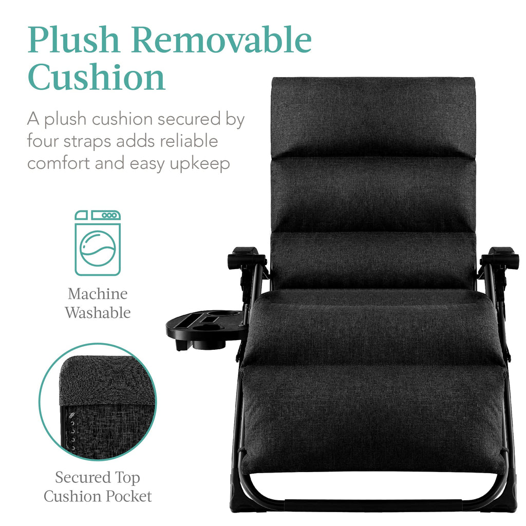 Best Choice Products Oversized Zero Gravity Chair, Folding Outdoor Patio Recliner, Xl Anti Gravity Lounger W/Removable Cushion, Cup Holder, Side Tray, 350Lb Capacity - Onyx Black