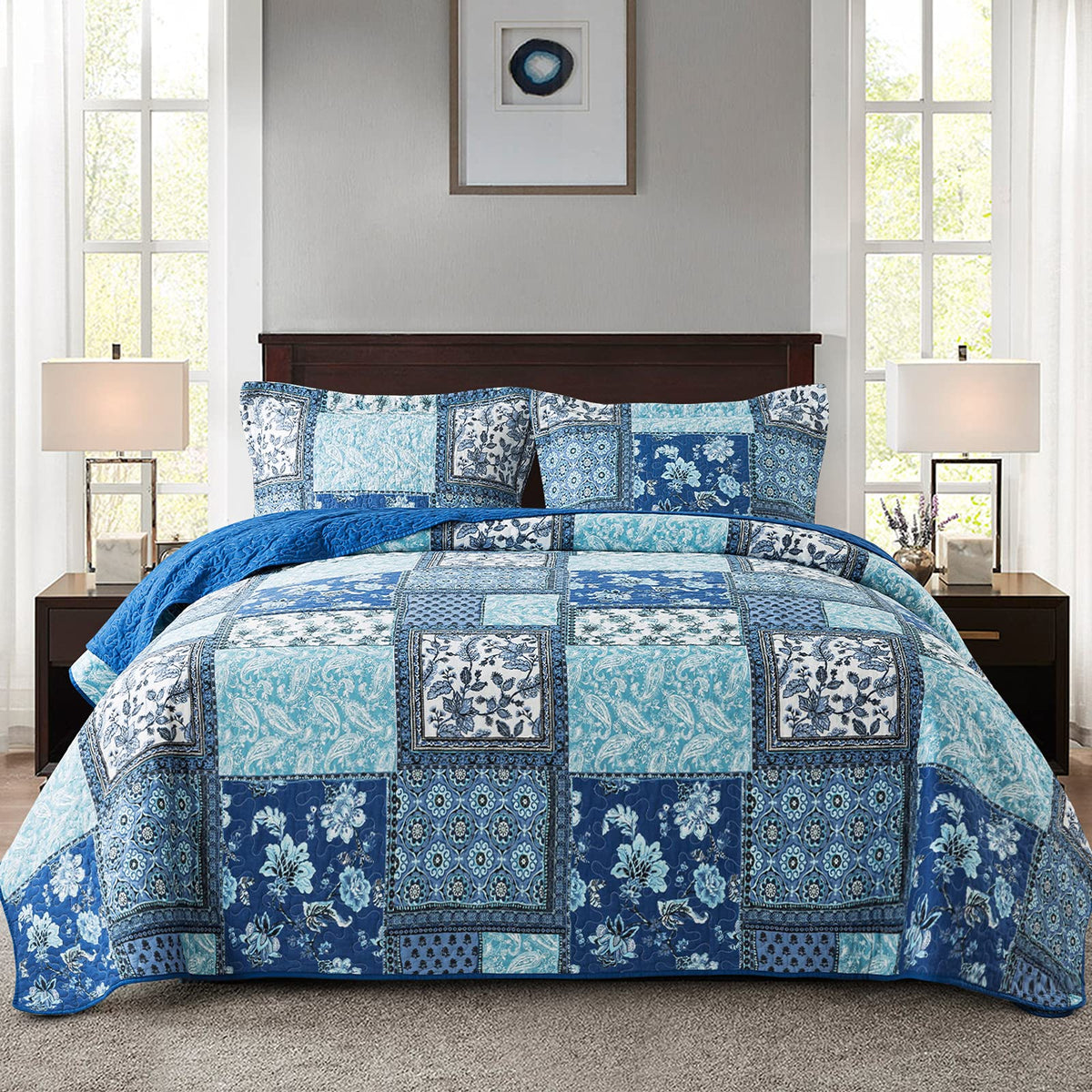 Newlake Cotton Bedspread Quilt Sets-Reversible Patchwork Coverlet Set, Chic Floral Paisley Pattern, Queen Size
