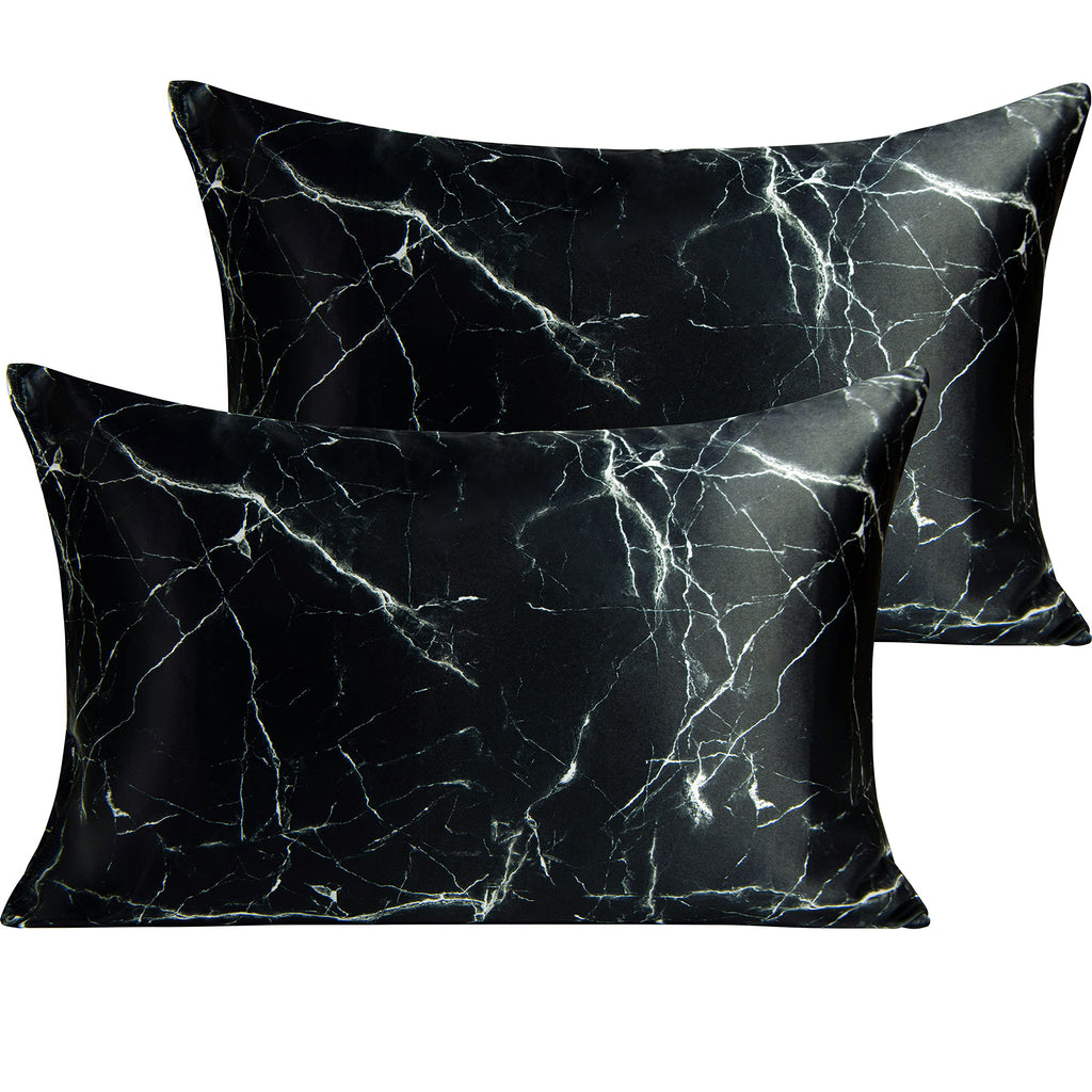 Ntbay 2 Pack Satin Standard Pillowcases For Hair And Skin, Luxurious And Silky Marbling Printed Pillow Cases With Envelope Closure, 20X26 Inches, Black