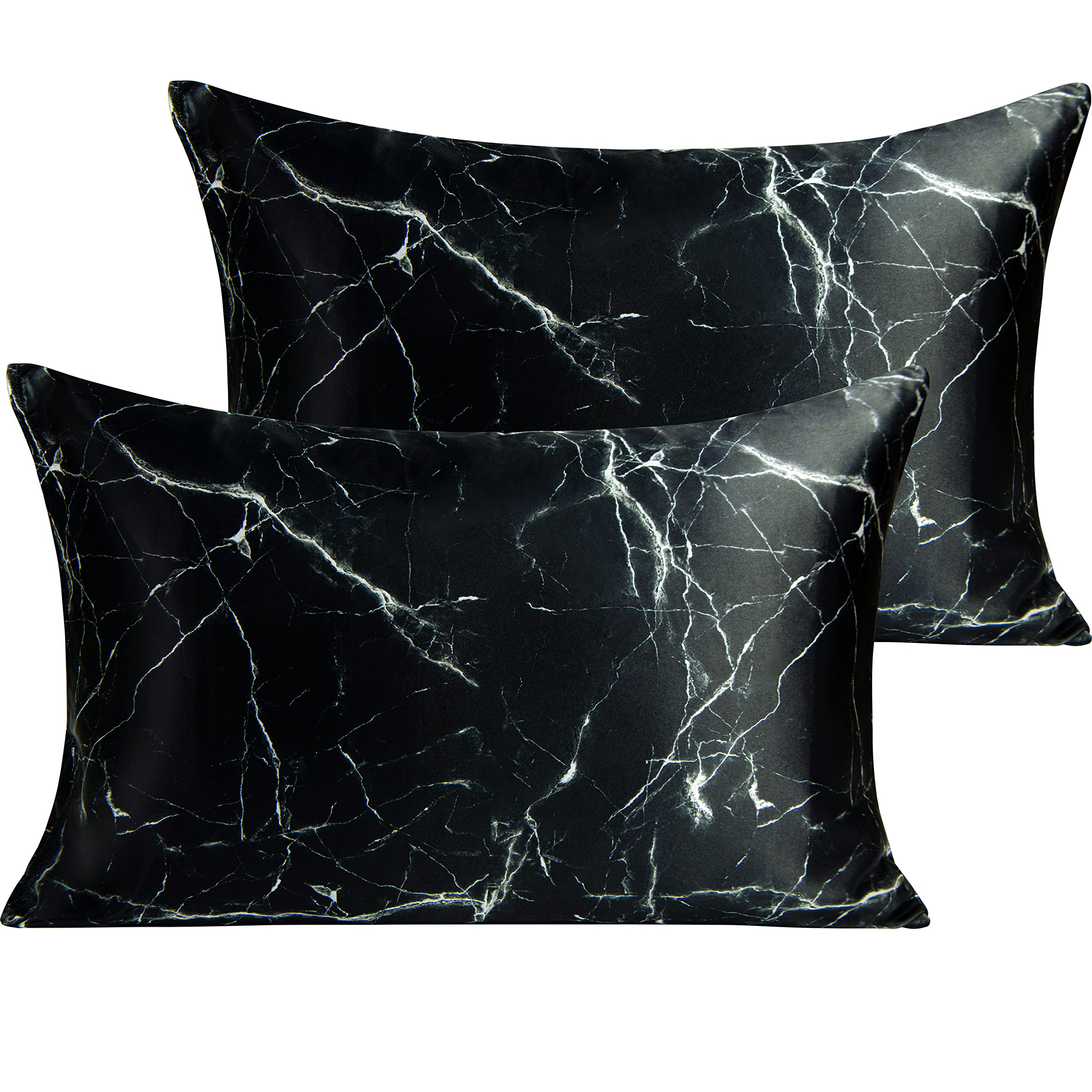 Ntbay 2 Pack Satin Standard Pillowcases For Hair And Skin, Luxurious And Silky Marbling Printed Pillow Cases With Envelope Closure, 20X26 Inches, Black