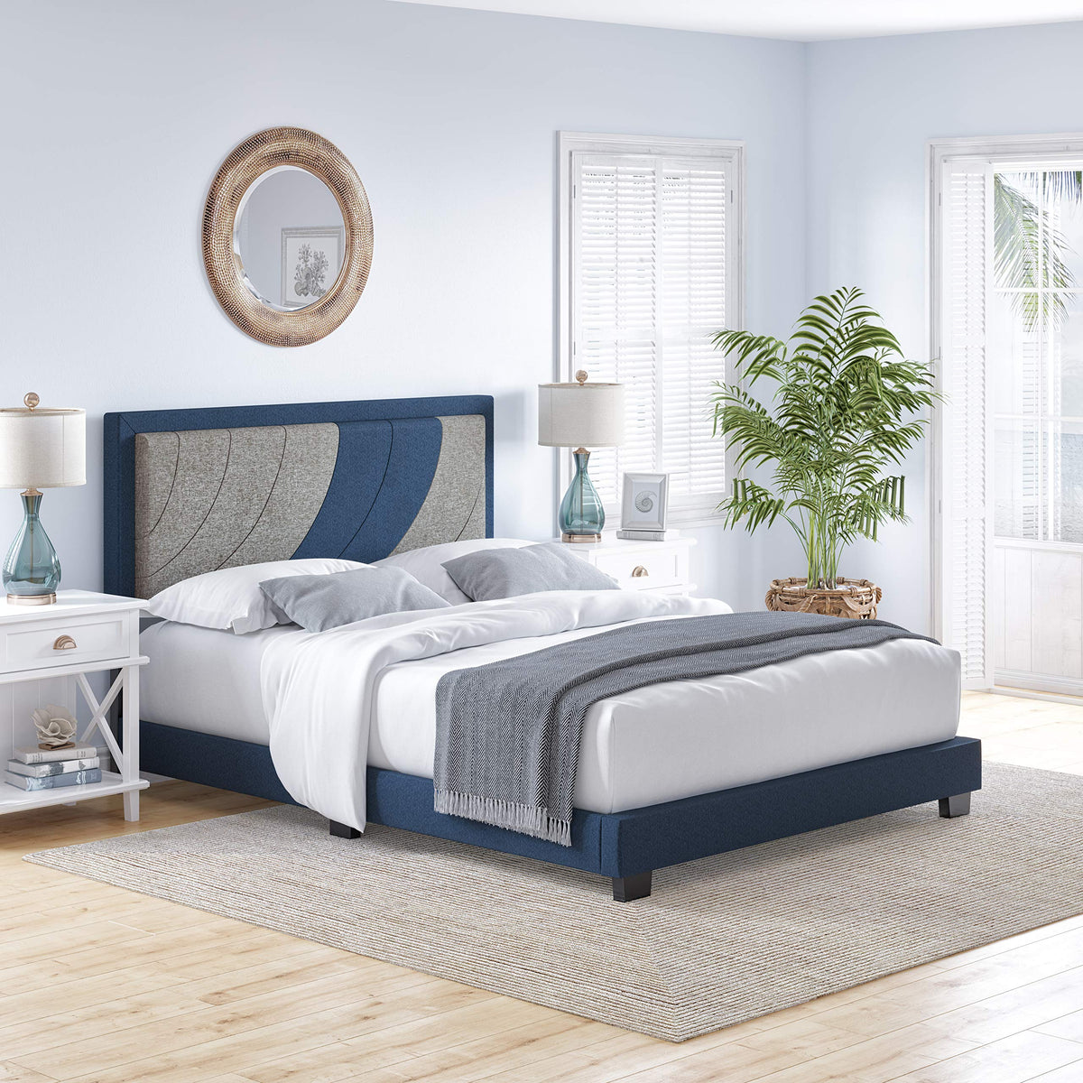 Boyd Sleep Sail Away Upholstered Platform Bed with Headboard and Durable Mattress Foundation with Strong 14 Wood Slat Supports, No BoxSpring Required: Queen, Blue/Gray