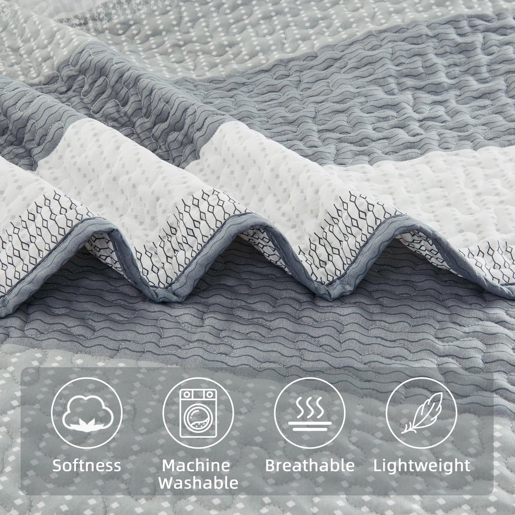 Andency Grey Striped Quilt King(106X96Inch), 3 Pieces (1 Quilt And 2 Pillowcases) Patchwork Bedspread Coverlet Set, Soft Microfiber Quilted Bedding Set