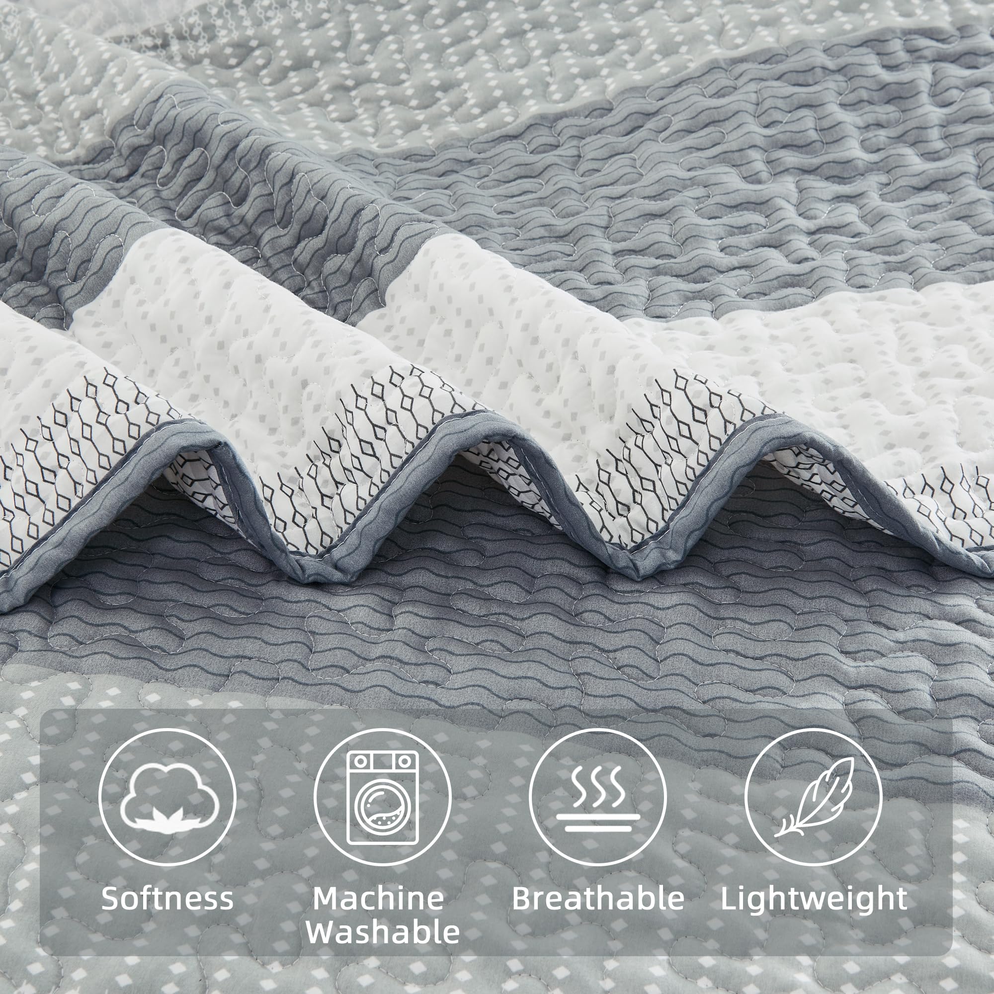 Andency Grey Striped Quilt King(106X96Inch), 3 Pieces (1 Quilt And 2 Pillowcases) Patchwork Bedspread Coverlet Set, Soft Microfiber Quilted Bedding Set