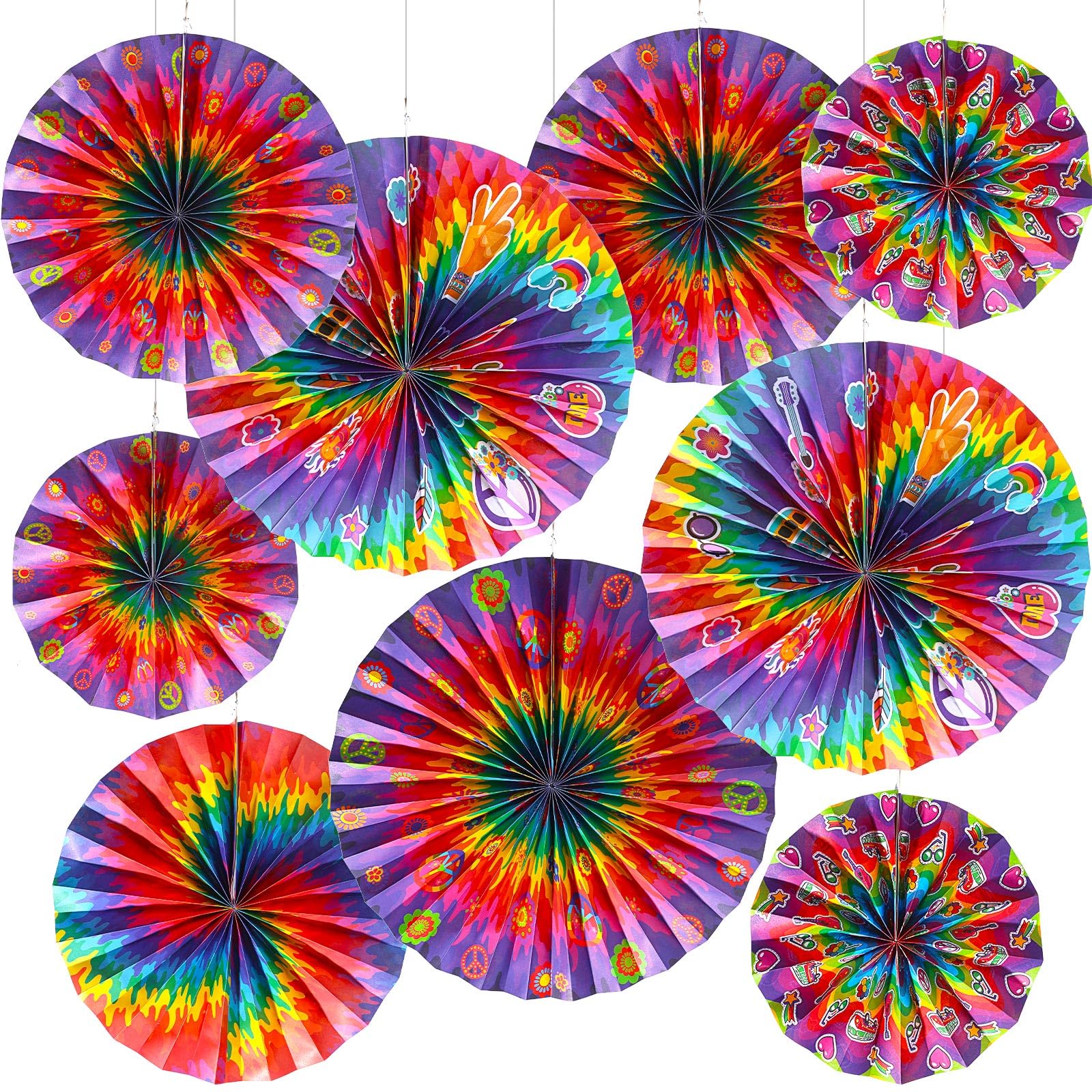Outus 18 Pcs Tie Dye Party Supplies Groovy Hippie Hanging Paper Fans Classroom Decoration 60s Party Ceiling Wall Decor Fans Peac