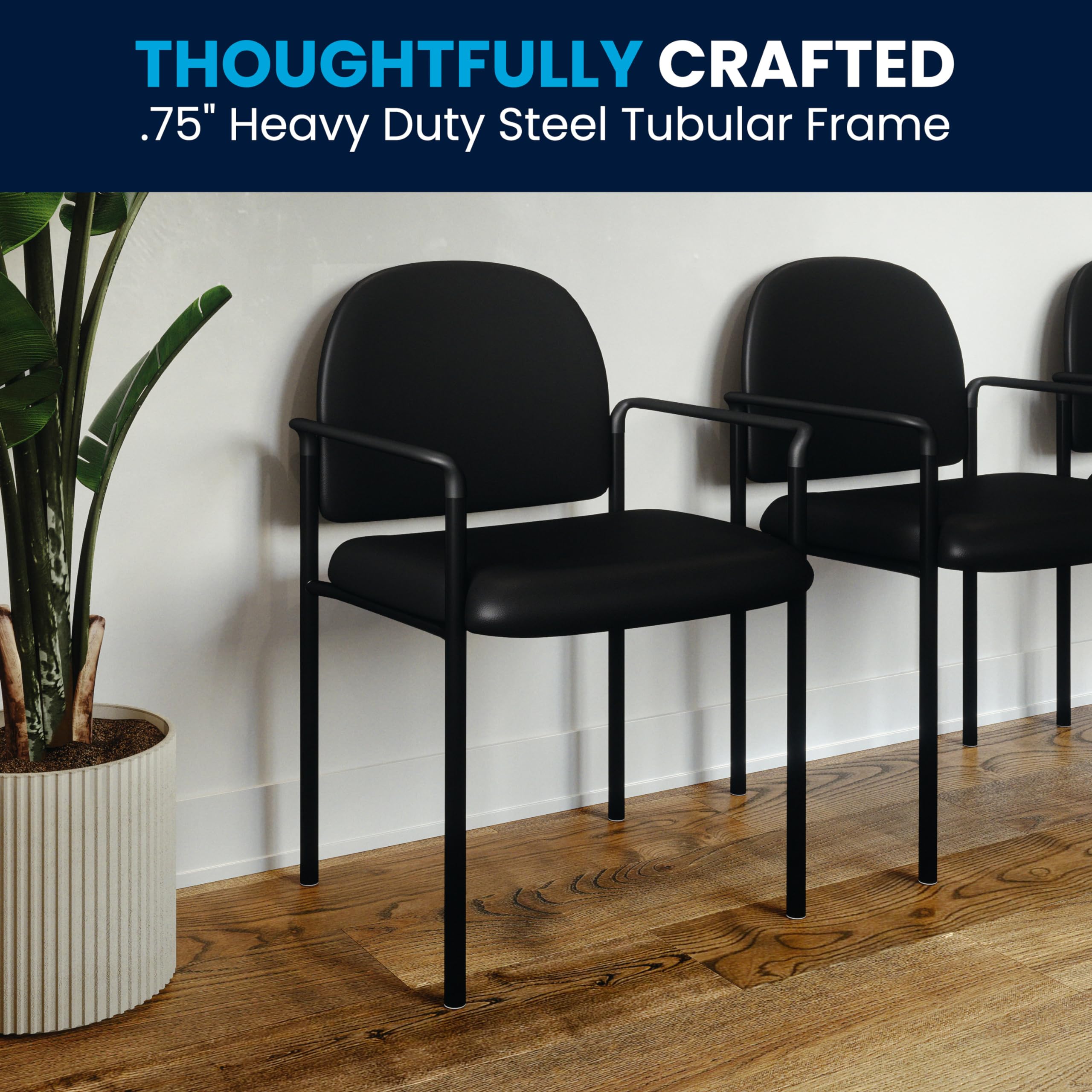 Flash Furniture Tiffany Side Reception Chair with Padded Armrests, Stackable Vinyl Waiting Room Chair for Commercial or Residential Use, Black