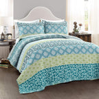 Lush Decor Bohemian Stripe Reversible Cotton Quilt Set, 3 Piece Set, King, Blue & Green - Boho Bedding Set - Bold & Colorful - S