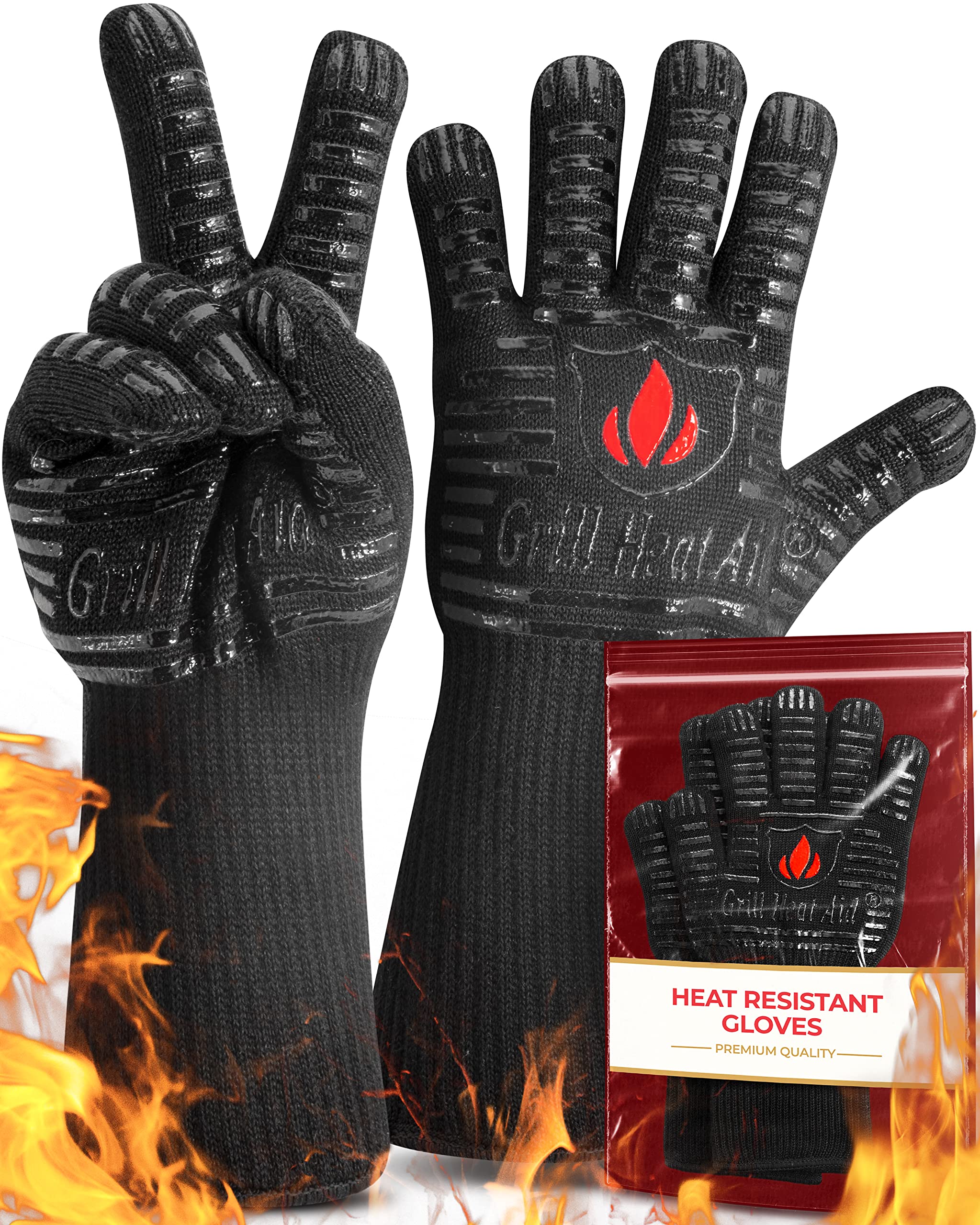 Grill Heat Aid Longer Cuff Bbq Gloves - 1472F Extreme Heat Resistant Gloves For Grilling, Grill Gloves Heat Proof For Men, Oven