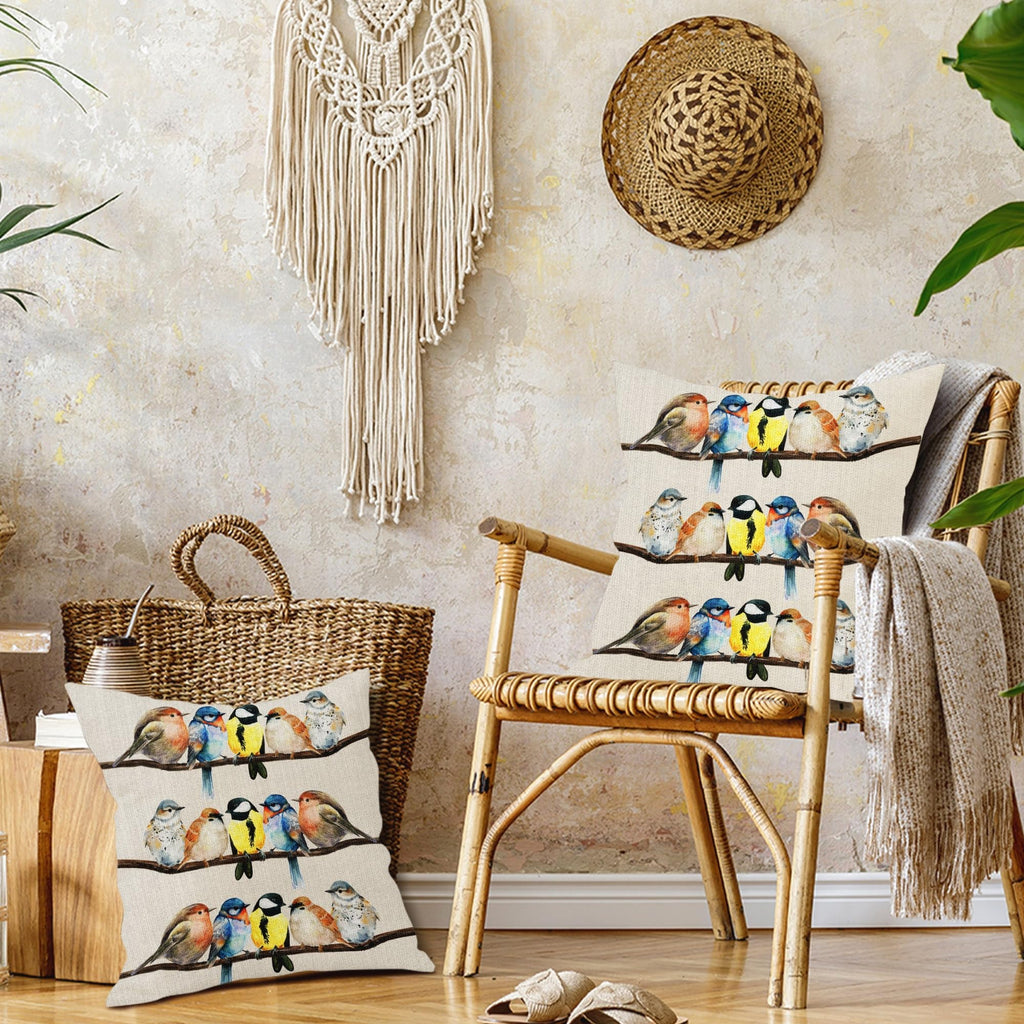 Oil Painted Bird Pillow Covers 18X18 Inch Rustic Birds Tree Branches Decorative Pillow Cases Wildlife Spring Summer Cotton Linen