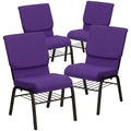 4 Pk. 18.5W Purple Fabric Church Chair, Book Rack - Gold Vein Frame