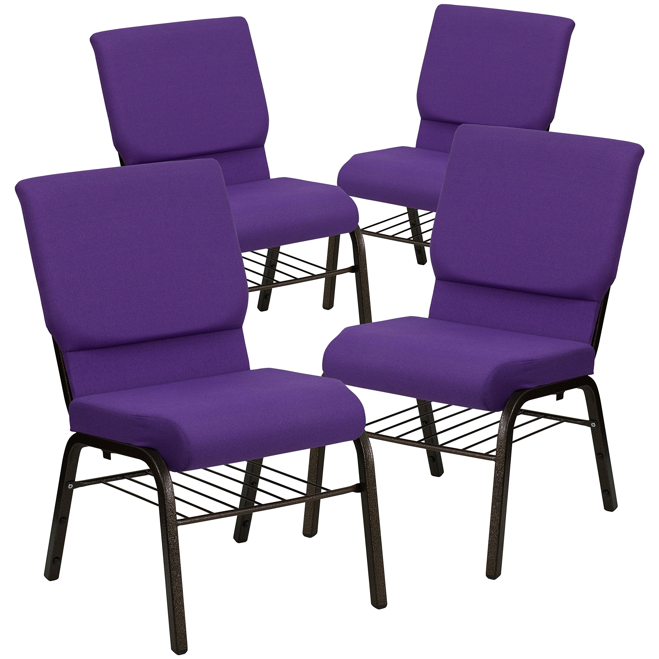 4 Pk. 18.5W Purple Fabric Church Chair, Book Rack - Gold Vein Frame