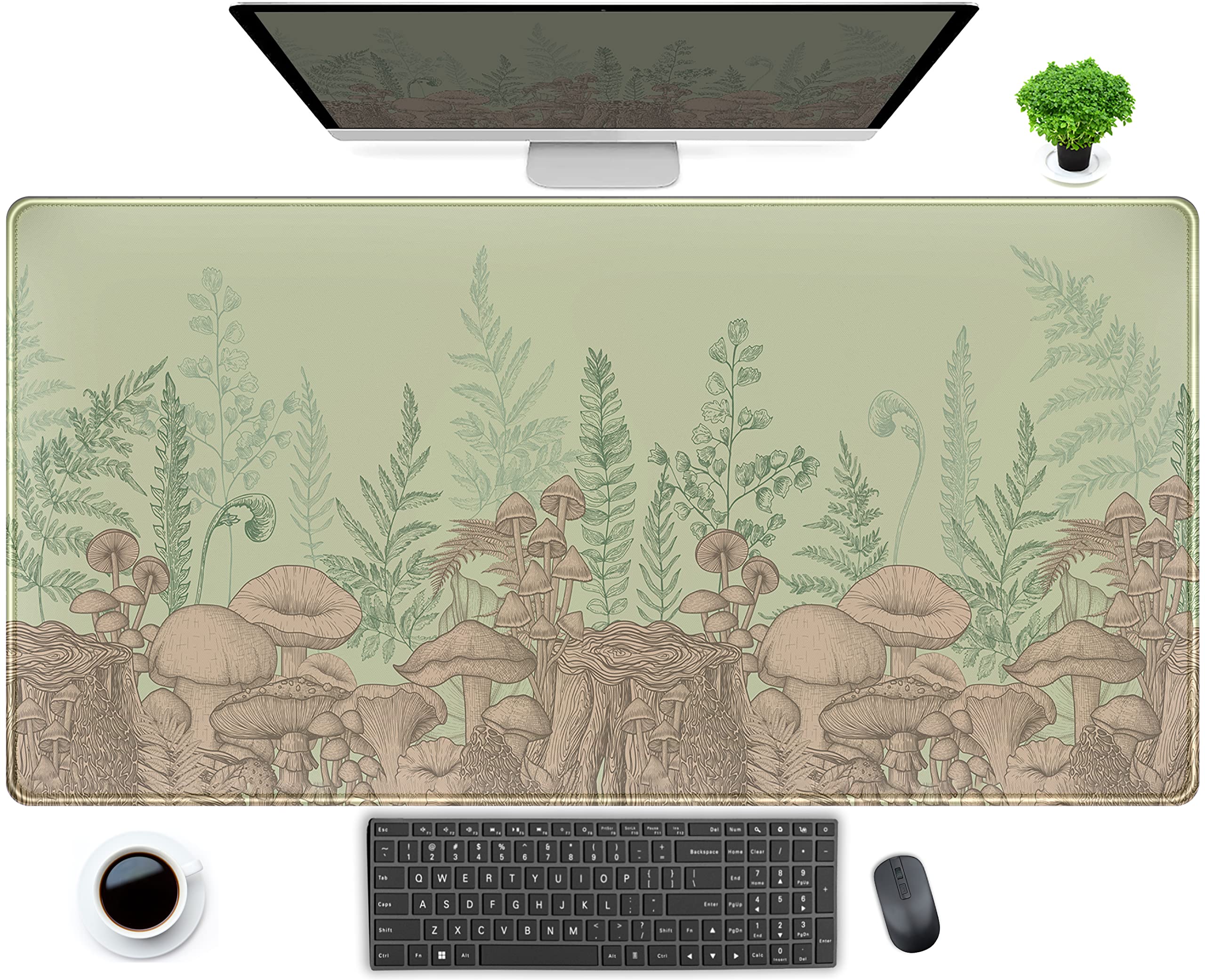 Cute Green Leaves Mouse Pad Desk Mat Beige Forest Mushroom Xxl Large Extended Gaming Mousepad Desk Pad 31.5X15.75 In, Cool Keybo