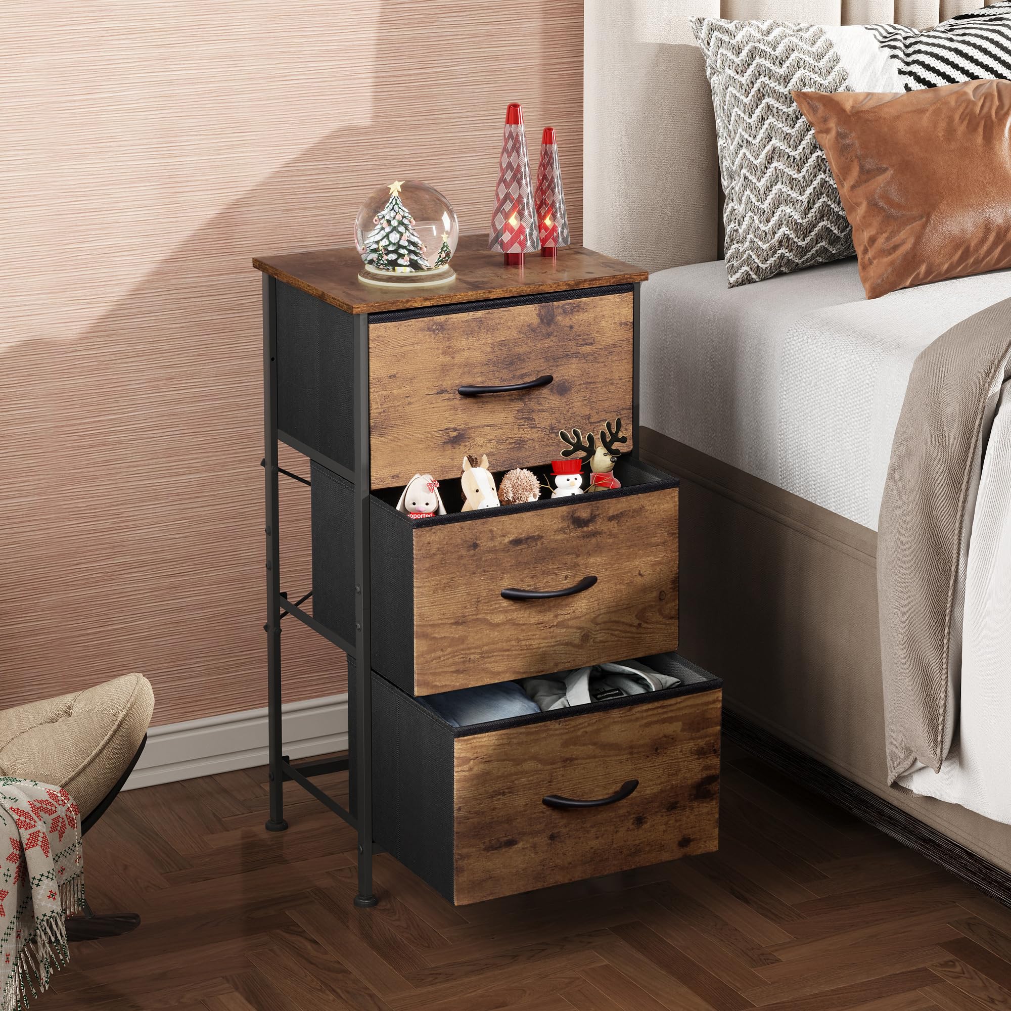 Wlive Dresser With 3 Drawers, Fabric Nightstand, Organizer Storage Dresser For Bedroom, Hallway, Entryway, Closets, Sturdy Steel Frame, Wood Top, Easy Pull Handle, Rustic Brown Wood Grain Print