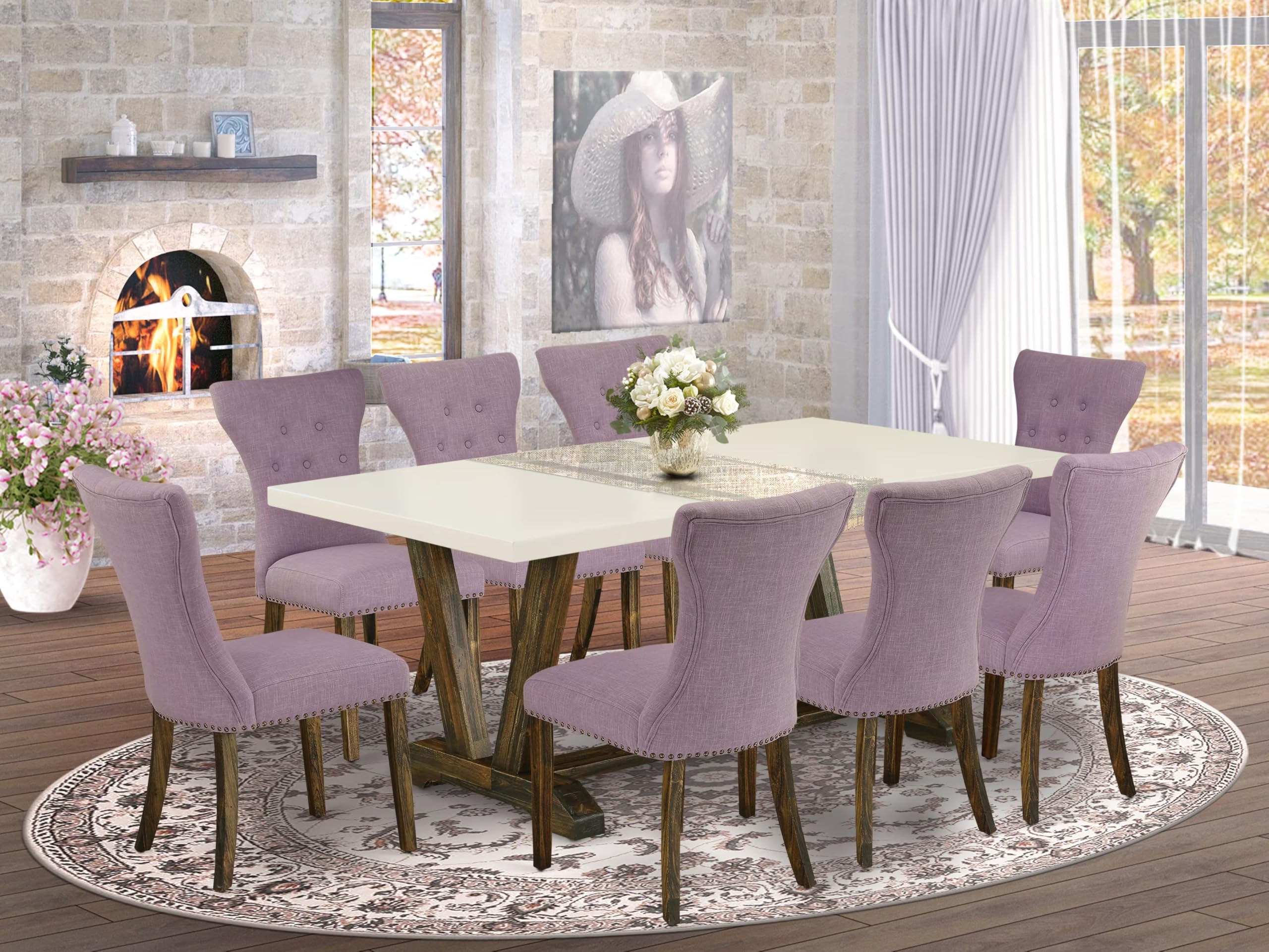 East West Furniture V727Ga740-9 9 Piece Modern Dining Table Set Includes A Rectangle Dining Room Table With V-Legs And 8 Dahlia Linen Fabric Parsons Chairs, 40X72 Inch, Multi-Color