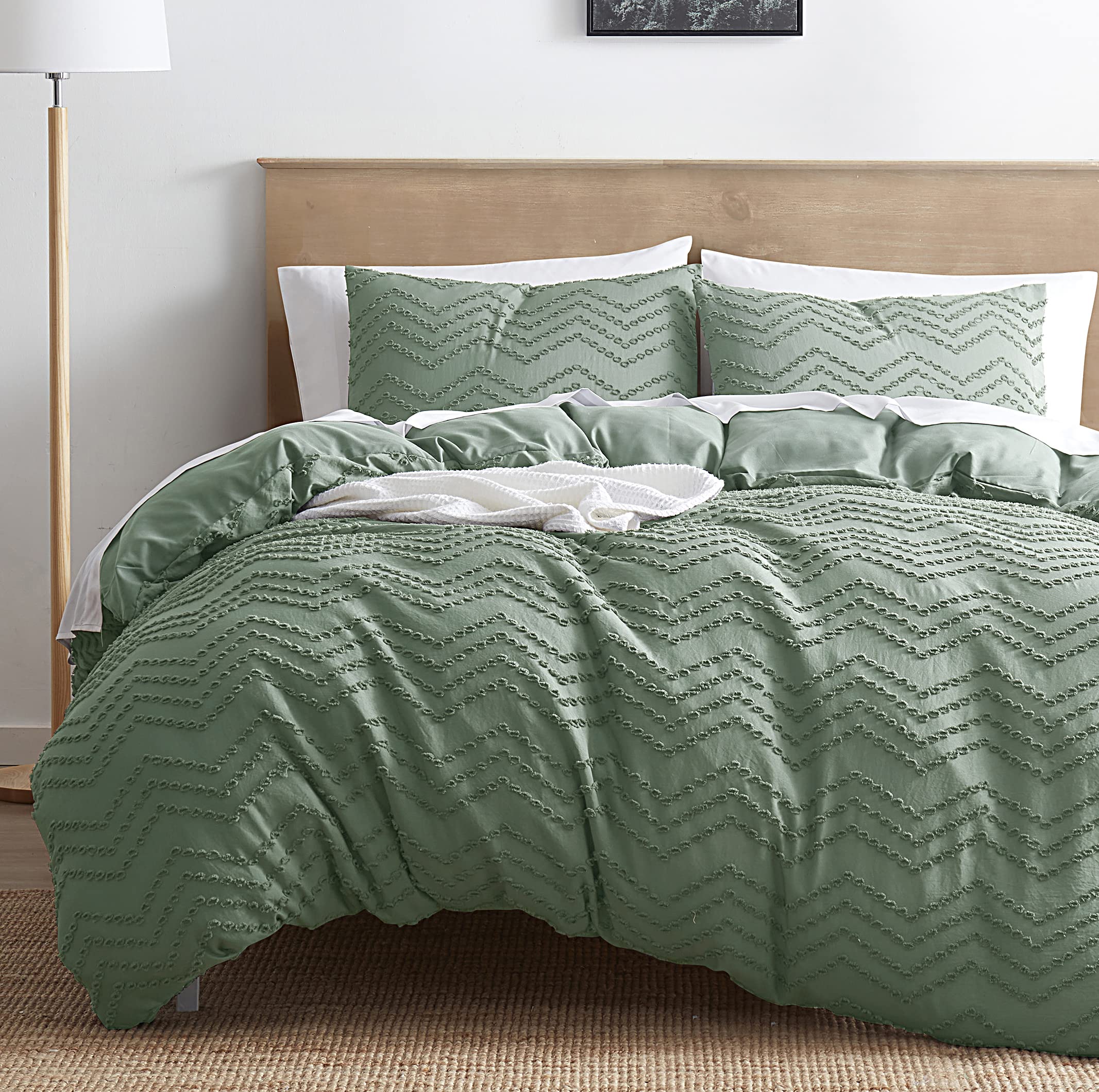 Nestl Twin Duvet Cover Set - Boho Bedding Twin Size Duvet Cover, 2 Piece Tufted Double Brushed Green Duvet Cover Twin With Zippe