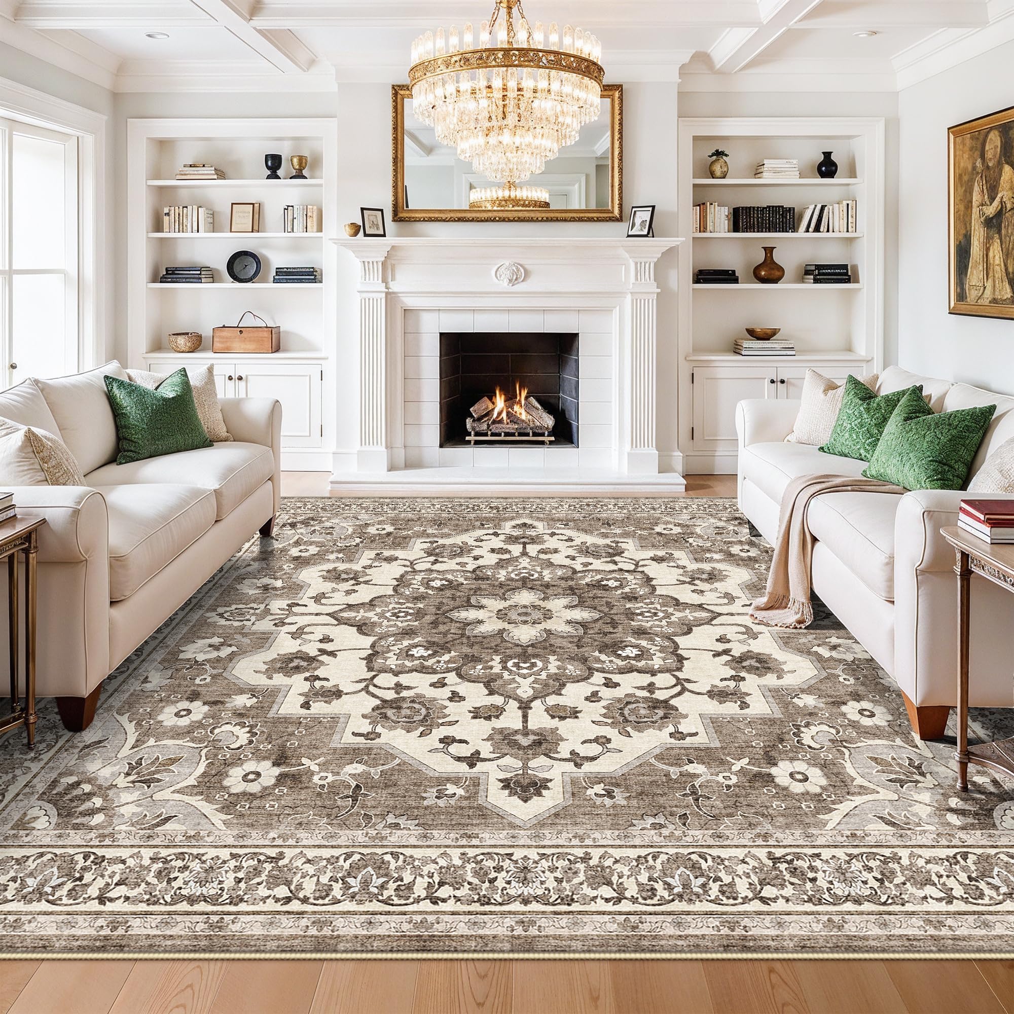 TOPRUUG Washable Oriental Area Rug - Beige 11x11 Area Rugs for Living Room Bedroom Dining Room Under Kitchen Table - Non-Slip & 